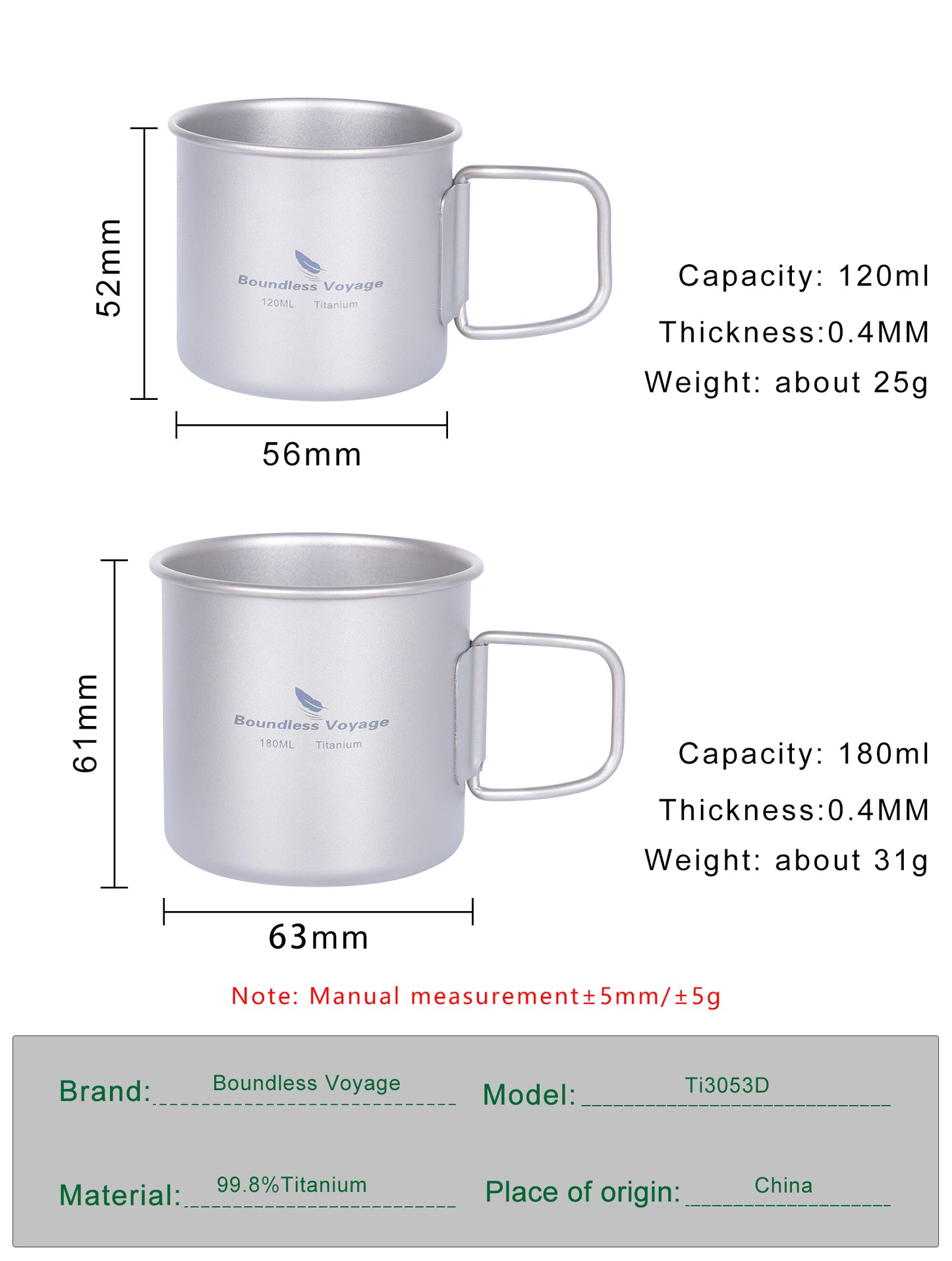 Boundless Voyage Ultralight Titanium Cup | 120ml / 180ml Portable Tea & Wine Mug | Premium Metal Drinking Glass for Camping, Coffee & Outdoor Spirits