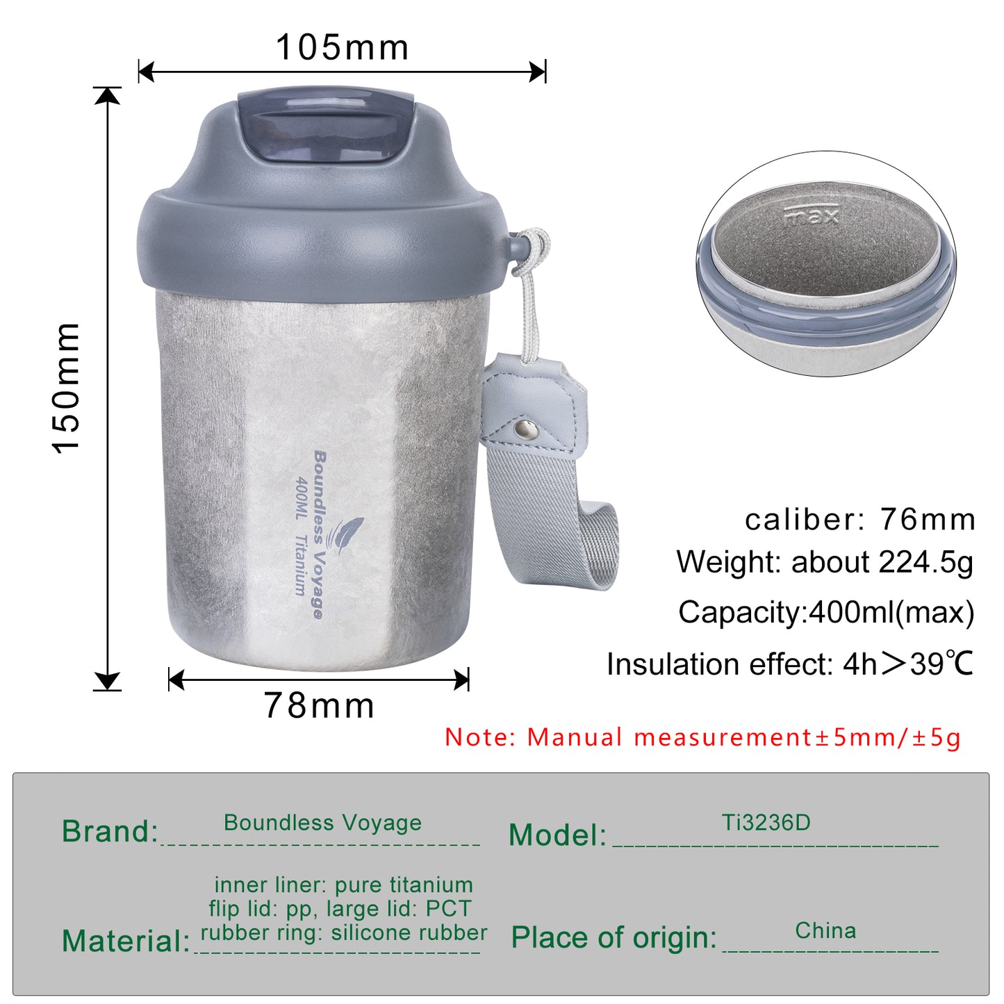 Boundless Voyage 400ml Titanium Vacuum Insulated Travel Mug | Ultralight Leak-Proof Thermos with Lid | Healthy Reusable Coffee Cup for Travel, Office & Camping