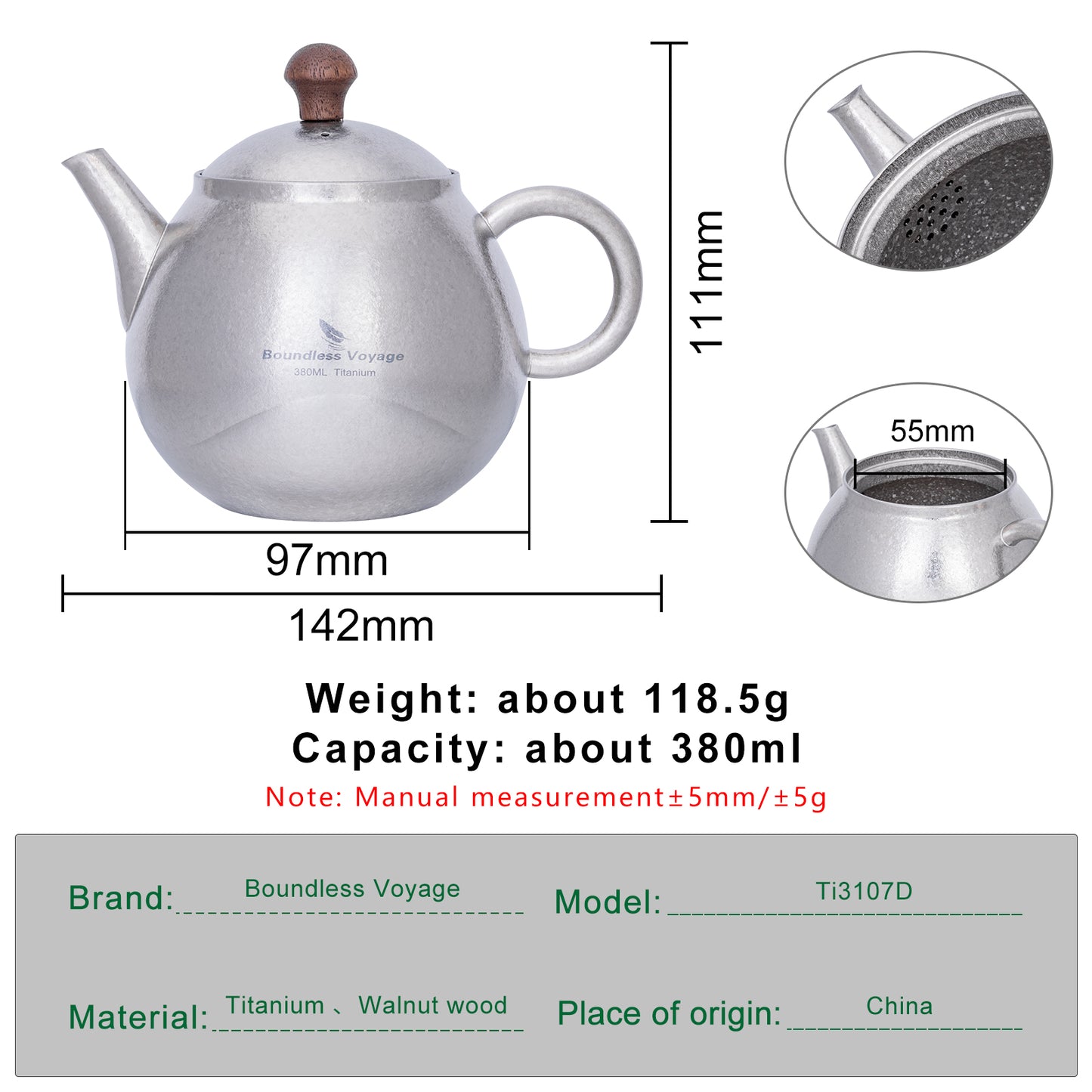 Boundless Voyage Titanium Kungfu Teapot with Lid and Handle Camping Coffee & Tea Pot for Outdoor Backpacking Hiking Teapot 380ml