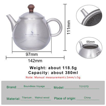 Boundless Voyage Titanium Kungfu Teapot with Lid and Handle Camping Coffee & Tea Pot for Outdoor Backpacking Hiking Teapot 380ml