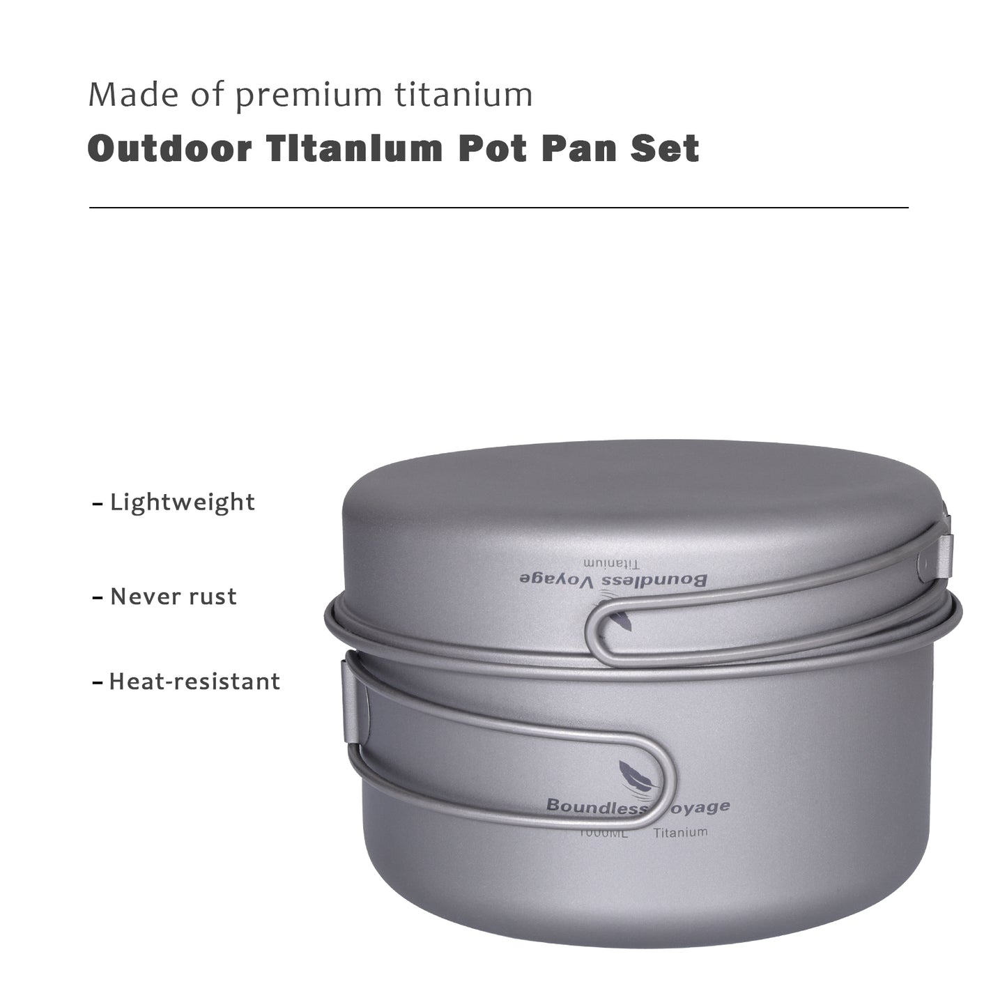 Boundless Voyage TA1 Titanium Pot & Pan Set 500ml + 1000ml with Lid – Ultralight Camping Cookware with Folding Handles for Hiking, Picnic & Outdoor Cooking