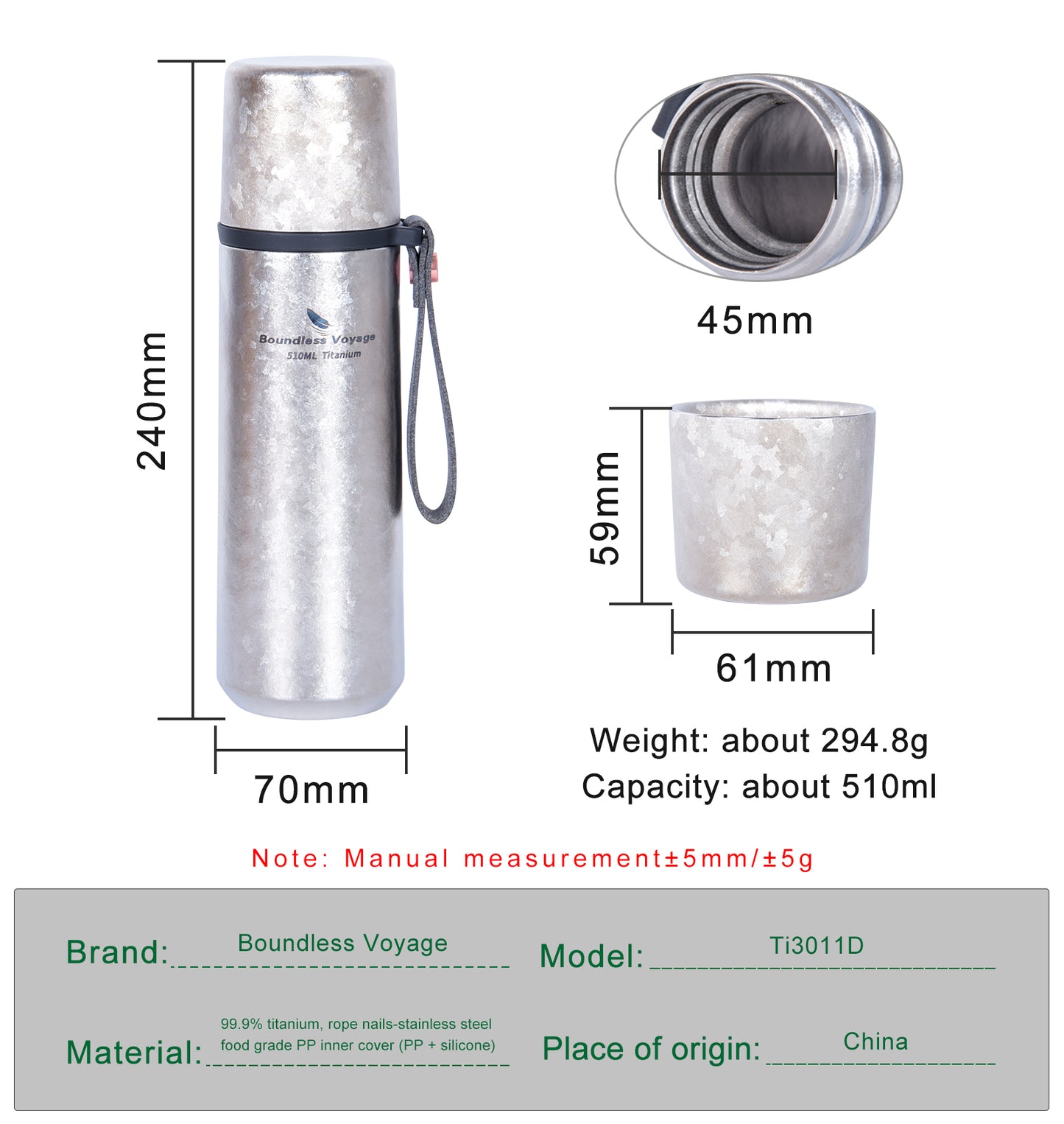 Boundless Voyage 510ml Titanium Insulated Water Bottle – Lightweight, Heat-Retaining & Perfect for Hiking, Travel & Daily Use