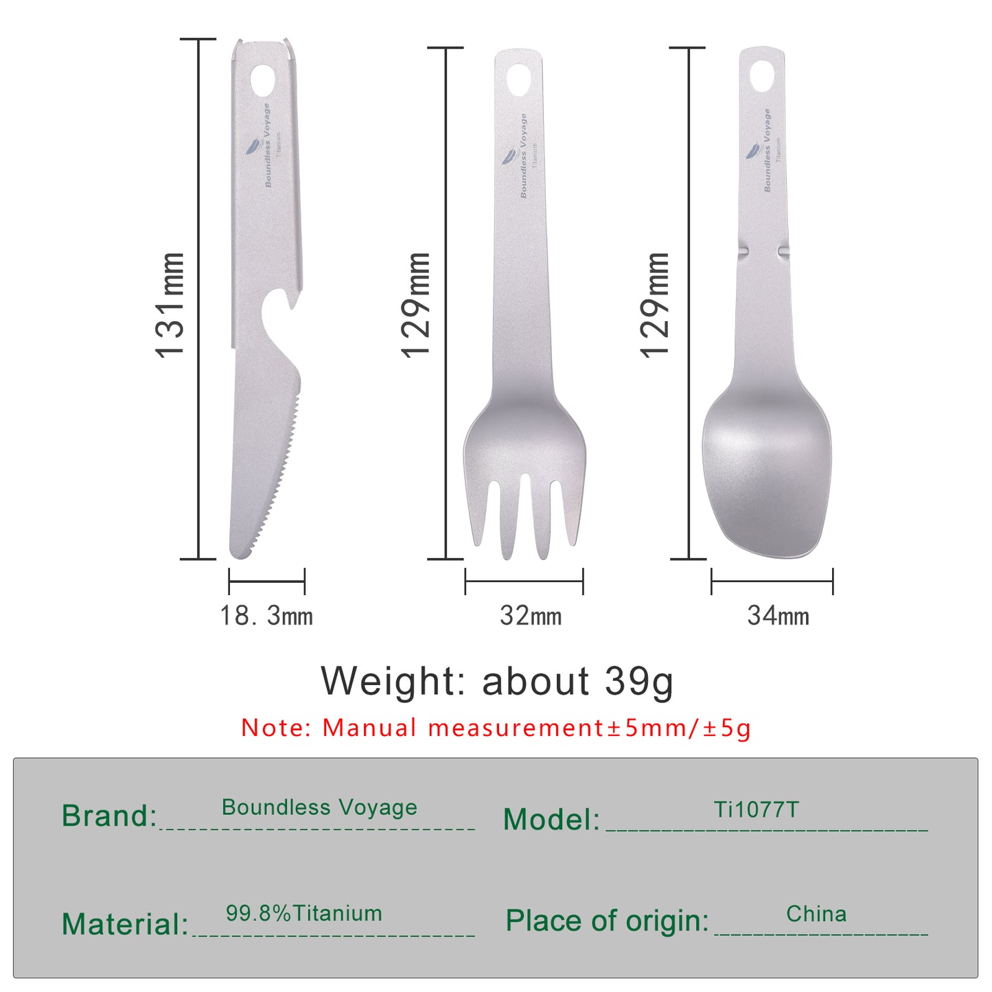 Boundless Voyage Titanium Cutlery Set – Ultralight Camping Knife Fork Spoon Set with Bottle Opener for Travel & Outdoor Use