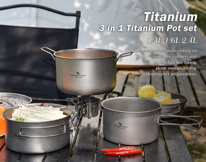 Boundless Voyage Titanium 3pcs Camping Cookware Mess Kit, Camping Cooking Set,  Portable Nonstick Camp Pots Set 1.4L 1.6L 2.4L for Outdoor Camping, Picnic, Hiking, Backpacking
