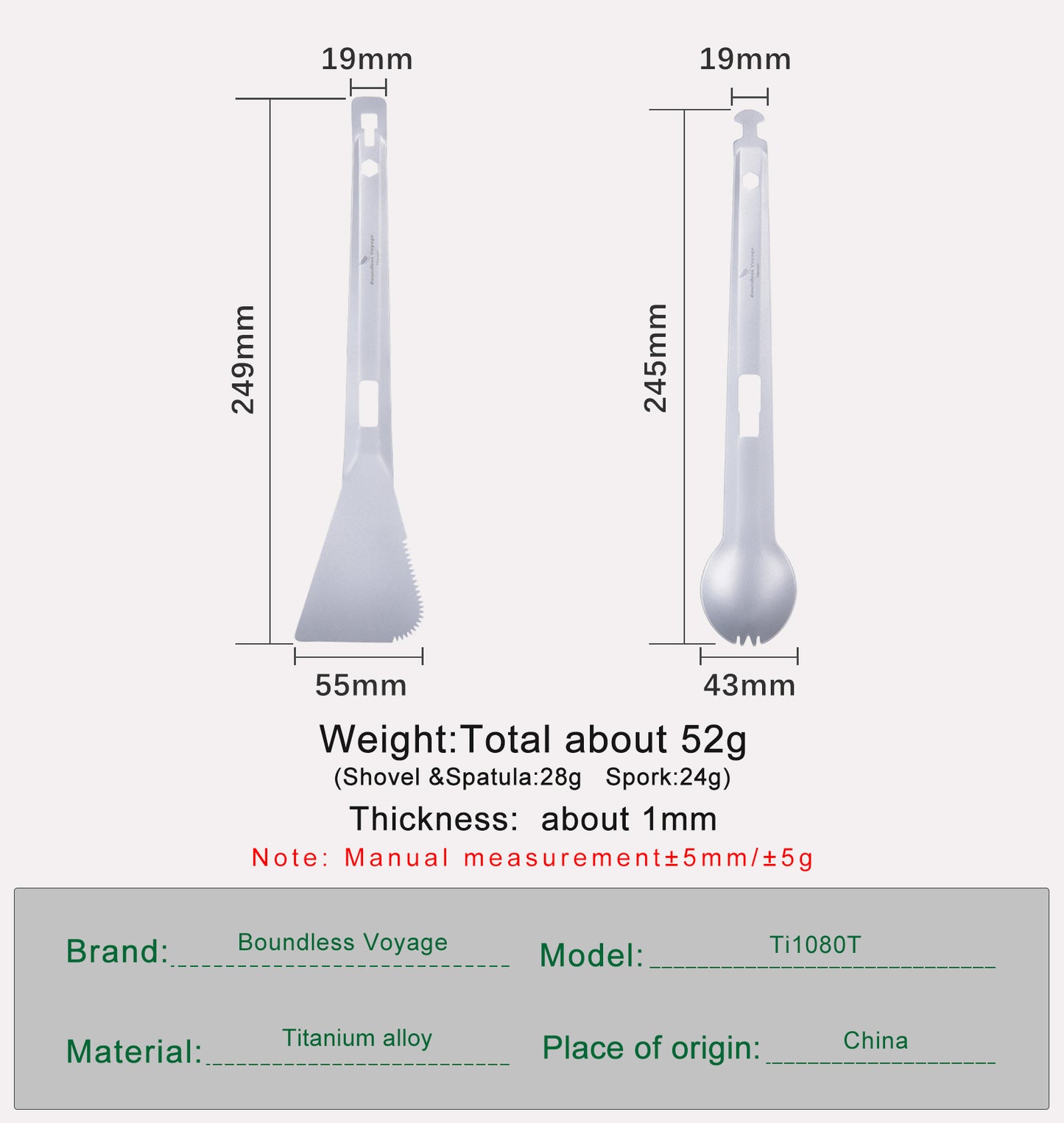 Boundless Voyage Titanium Alloy Tong, Spork，Shovel and Spatula All-In-One Utensil for Portable Lightweight Multi Utensil for Camping Kitchen Cookware Backpacking, Travel, Outdoor Cooking Eating