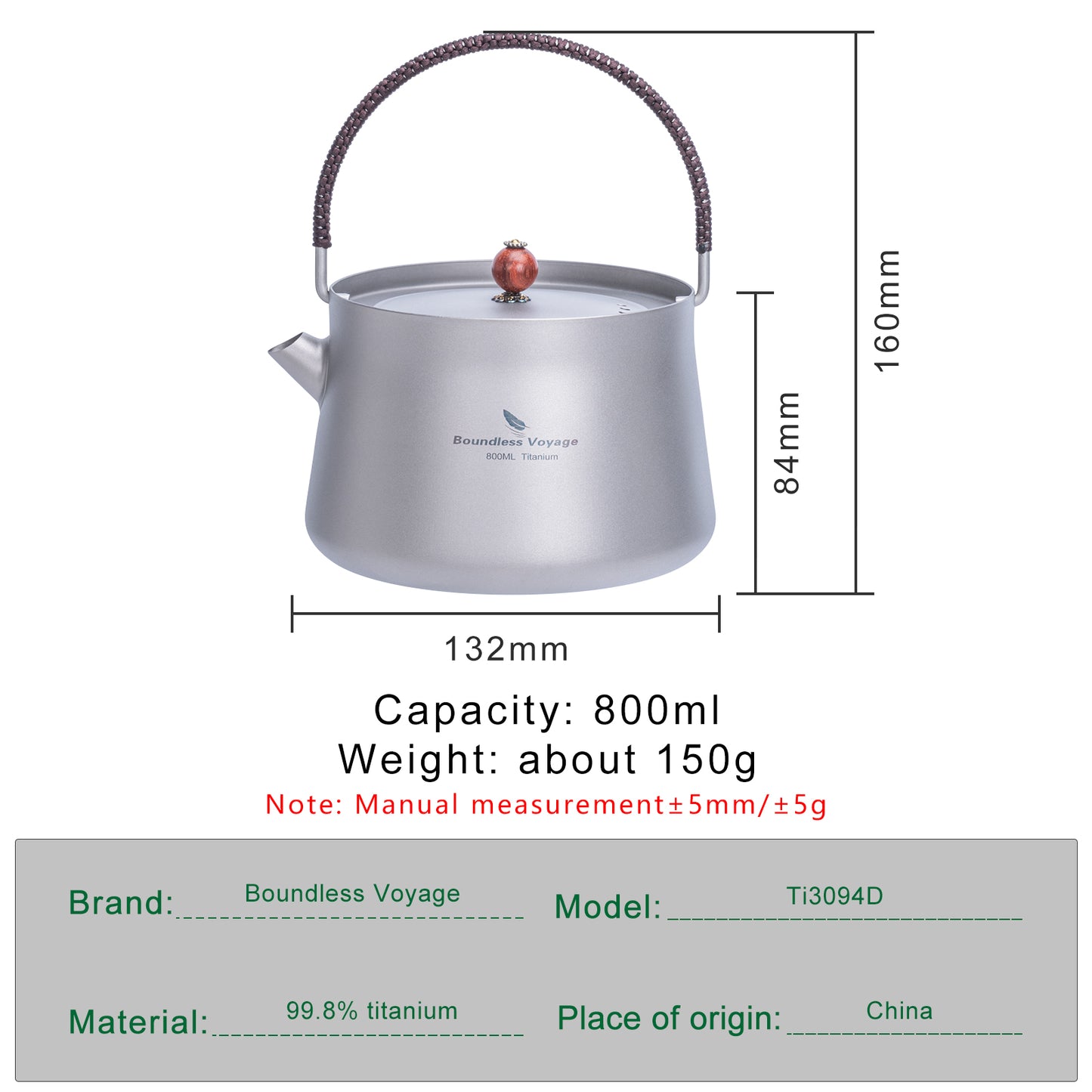Boundless Voyage 800ml Titanium Camping Kettle with Filter – Ultralight TA1 Teapot & Coffee Pot with Folding Handle for Hiking, Backpacking & Outdoor Brewing