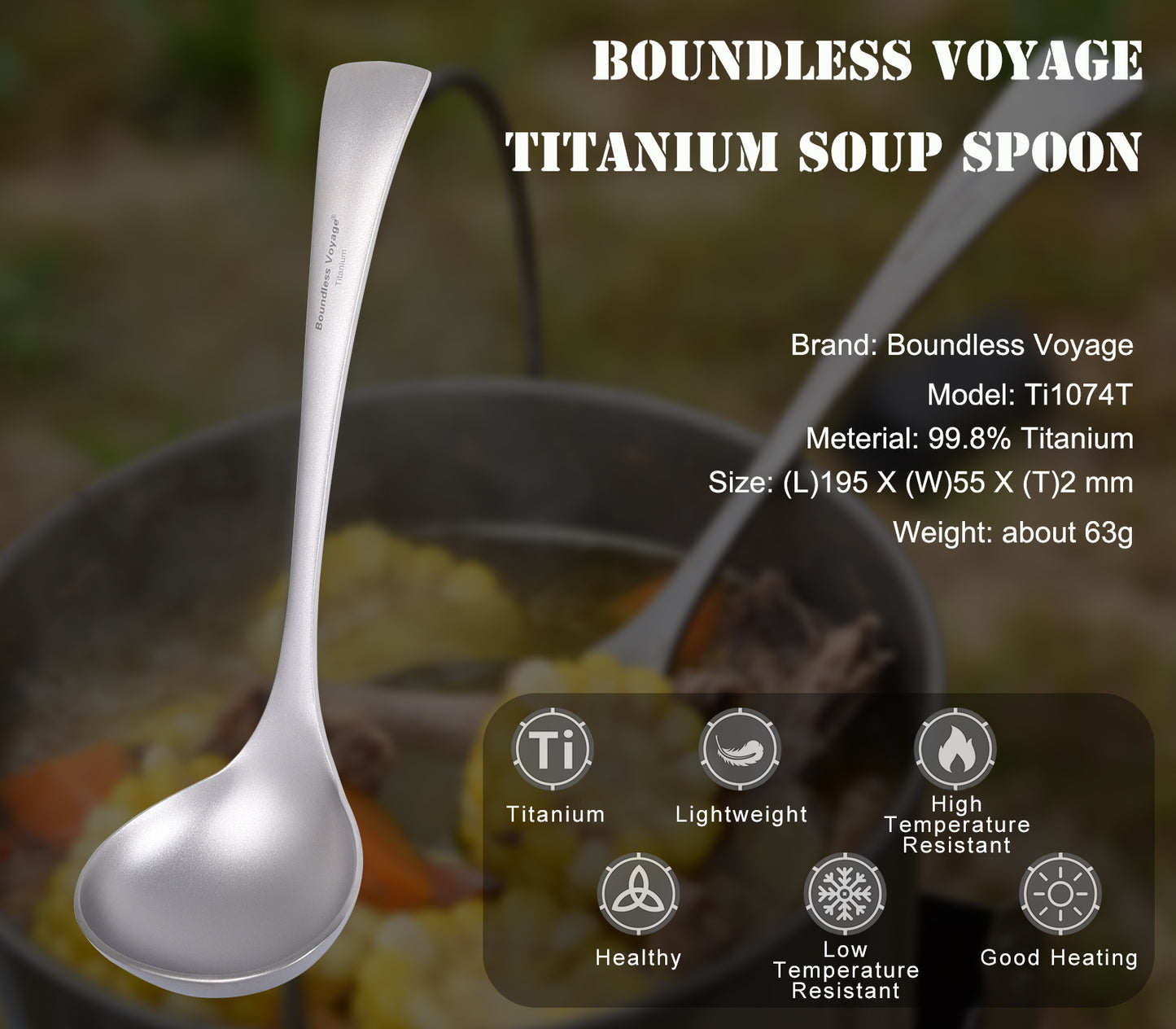 Boundless Voyage Titanium Soup Spoon – Long Handle Deep Bowl Ladle for Soup, Stew, Sauce & Cooking