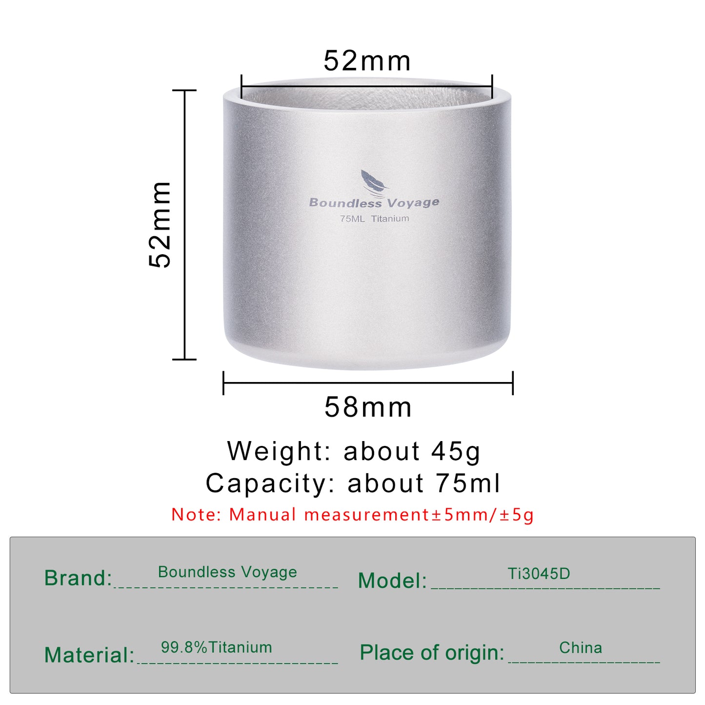Boundless Voyage Titanium Double-wall Mug Cup Backpacking Portable Camping Cup 75ml Lightweight Heat Resistant Coffee Mug Tea Cup with Storage Bag for Hiking Picnic Travel or Daily Use