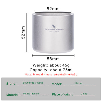 Boundless Voyage Titanium Double-wall Mug Cup Backpacking Portable Camping Cup 75ml Lightweight Heat Resistant Coffee Mug Tea Cup with Storage Bag for Hiking Picnic Travel or Daily Use