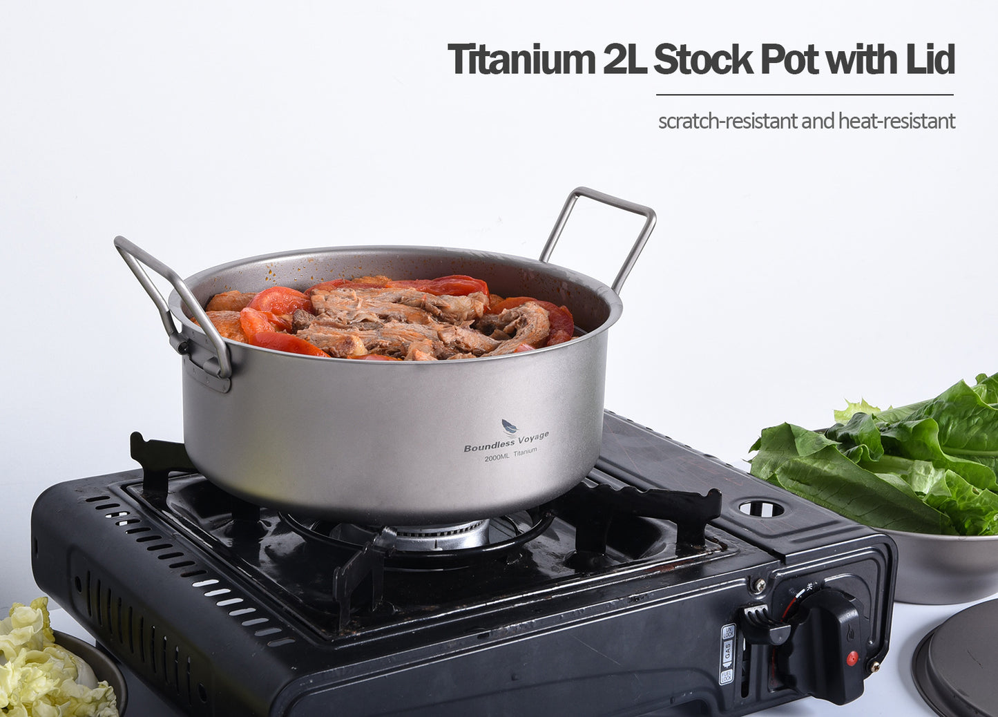 Boundless Voyage 2L TA1 Titanium Stock Pot with Lid – Ultralight Large-Capacity Camping Soup Pot with Folding Handle for Hiking & Outdoor Cooking