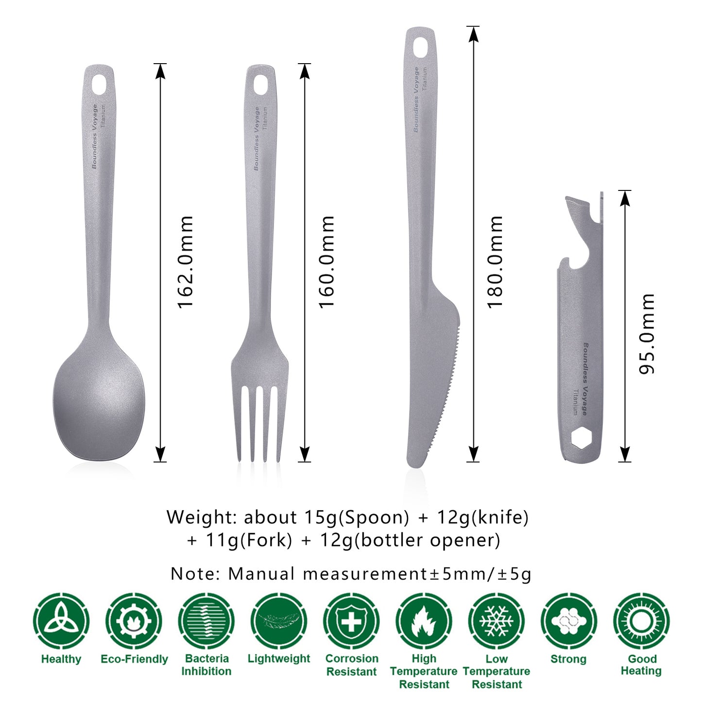 Boundless Voyage TA1 Titanium 4-in-1 Ultralight Cutlery Set – Compact Fork, Spoon, Knife & Bottle Opener for Home, Camping & Outdoor Travel