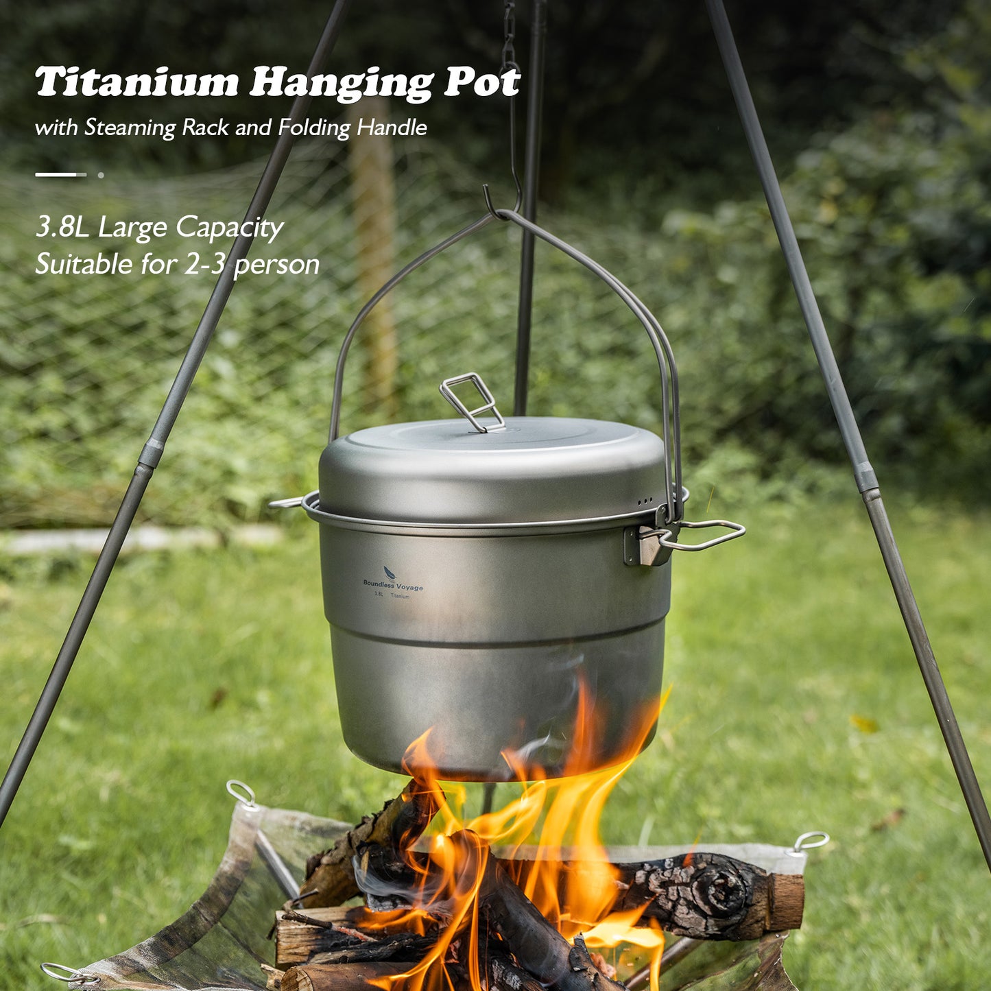 Boundless Voyage 3.8L Titanium Hanging Pot with Steamer Rack – Ultralight Campfire Cooking Stockpot Set, Large Capacity Outdoor Cookware for Camping, Hiking & Group Cooking