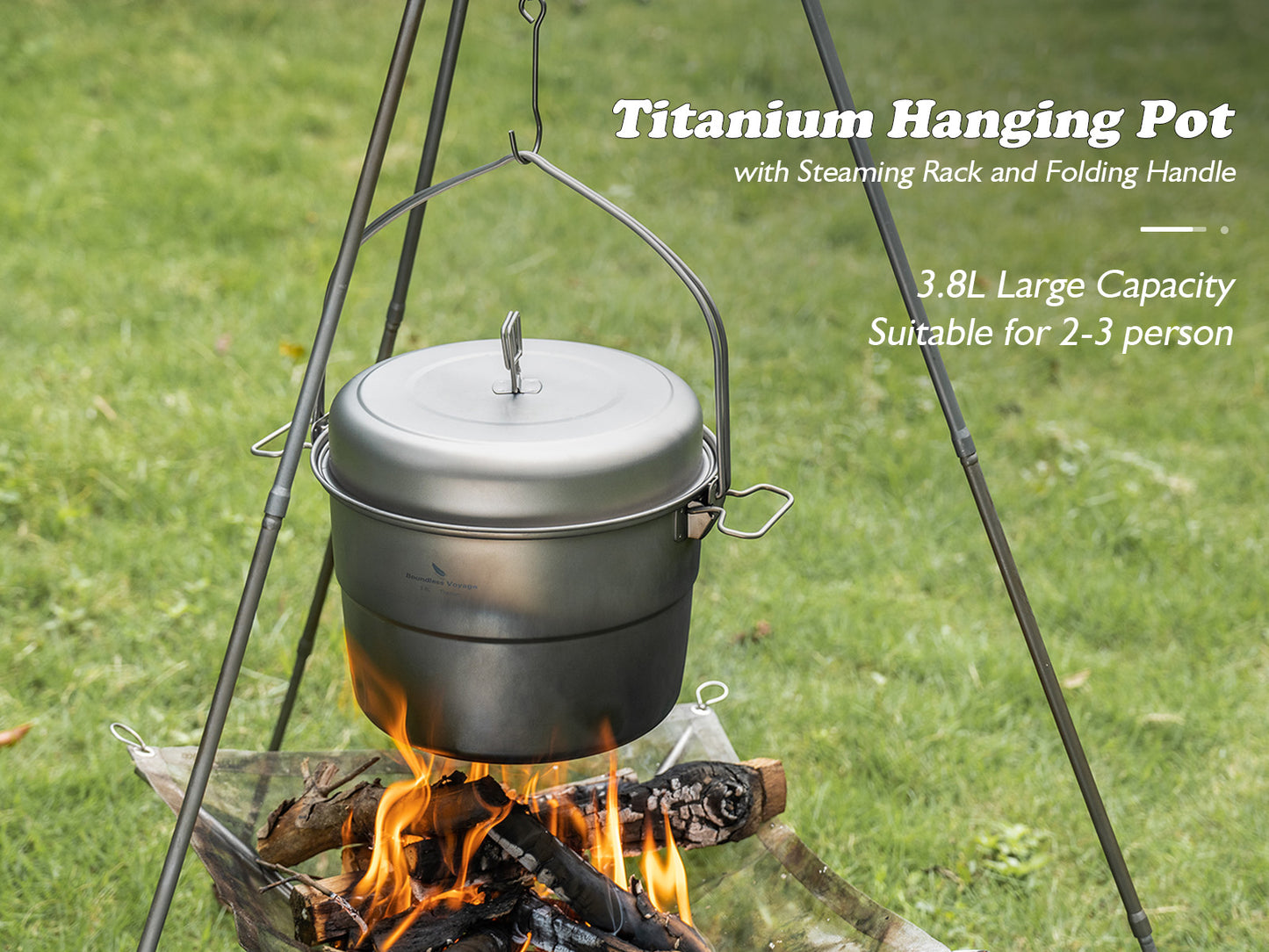 Boundless Voyage 3.8L Titanium Hanging Pot with Steamer Rack – Ultralight Campfire Cooking Stockpot Set, Large Capacity Outdoor Cookware for Camping, Hiking & Group Cooking