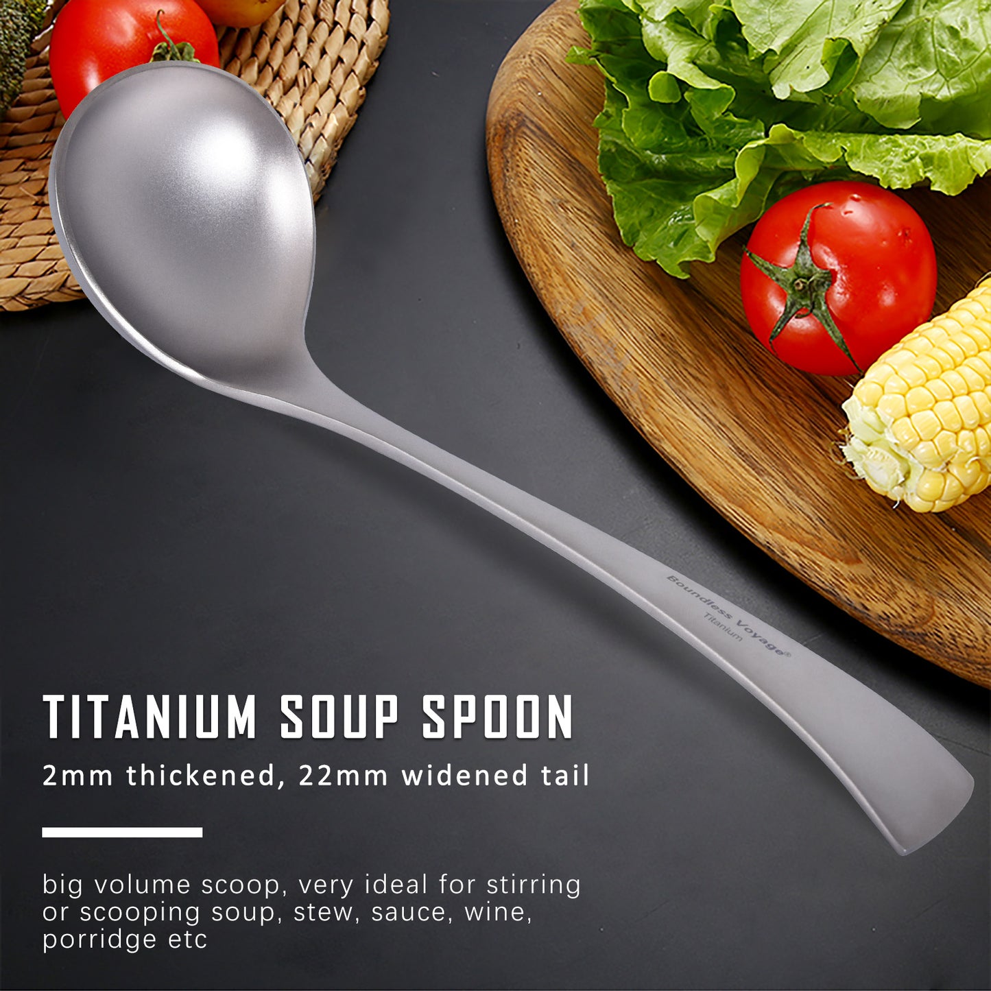 Boundless Voyage Titanium Soup Spoon – Long Handle Deep Bowl Ladle for Soup, Stew, Sauce & Cooking