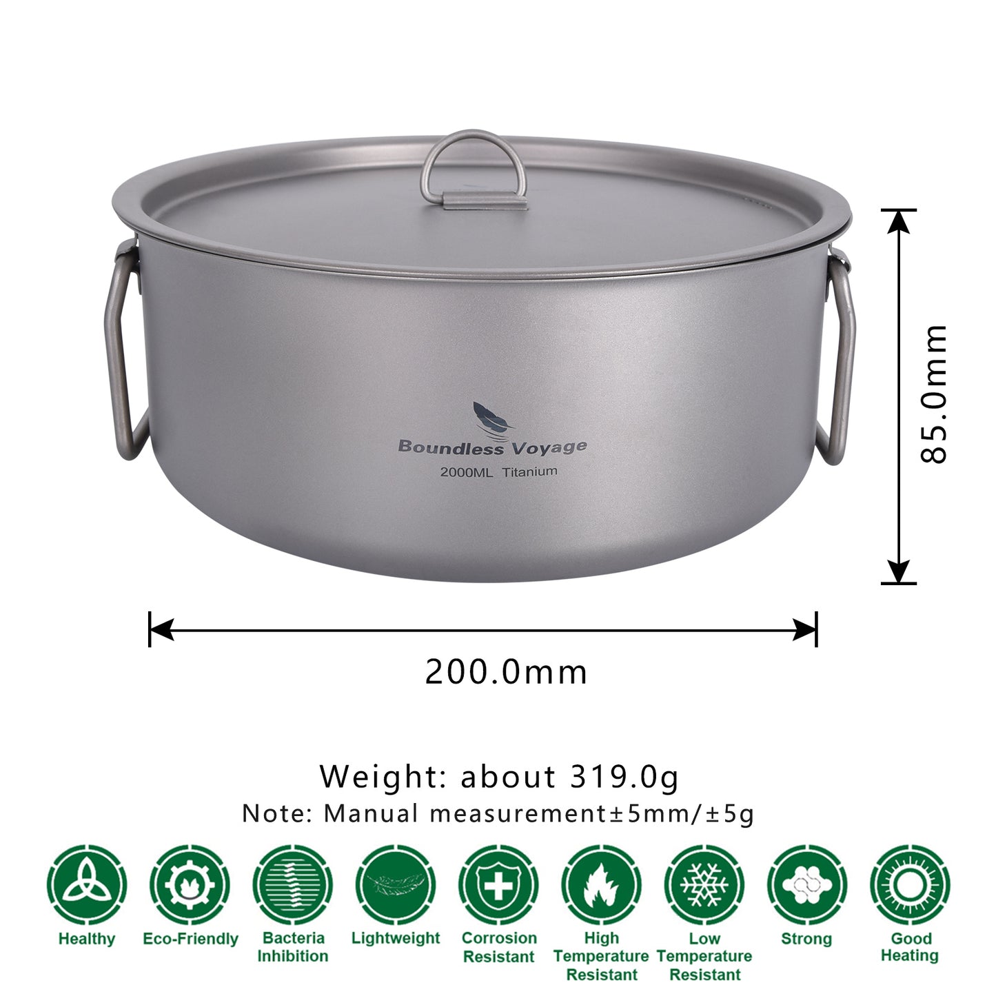 Boundless Voyage 2L TA1 Titanium Stock Pot with Lid – Ultralight Large-Capacity Camping Soup Pot with Folding Handle for Hiking & Outdoor Cooking