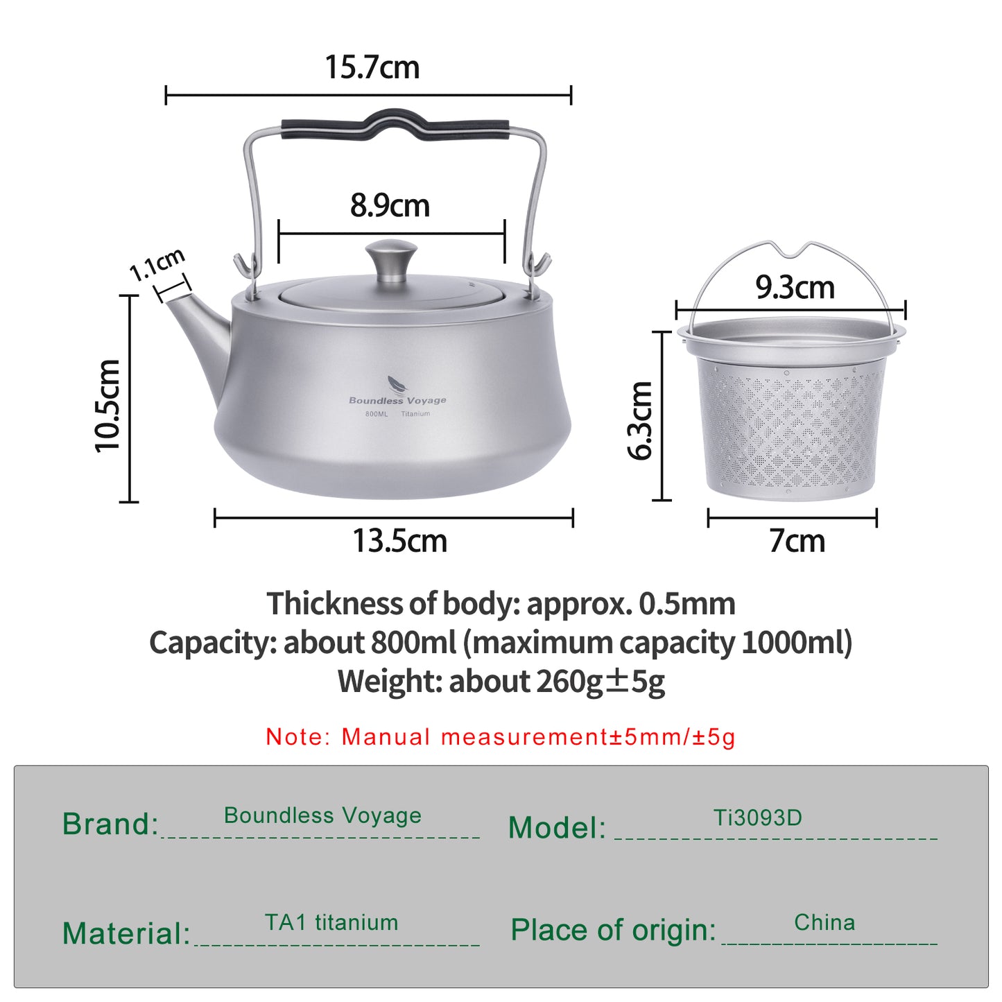 Boundless Voyage 800ML Titanium Kettle with Filter & Folding Handle Ultralight Teapot Outdoor Camping Water Jug for Loose Tea Ti3093D