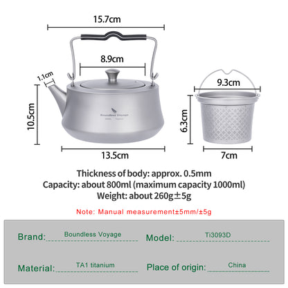 Boundless Voyage 800ML Titanium Kettle with Filter & Folding Handle Ultralight Teapot Outdoor Camping Water Jug for Loose Tea Ti3093D