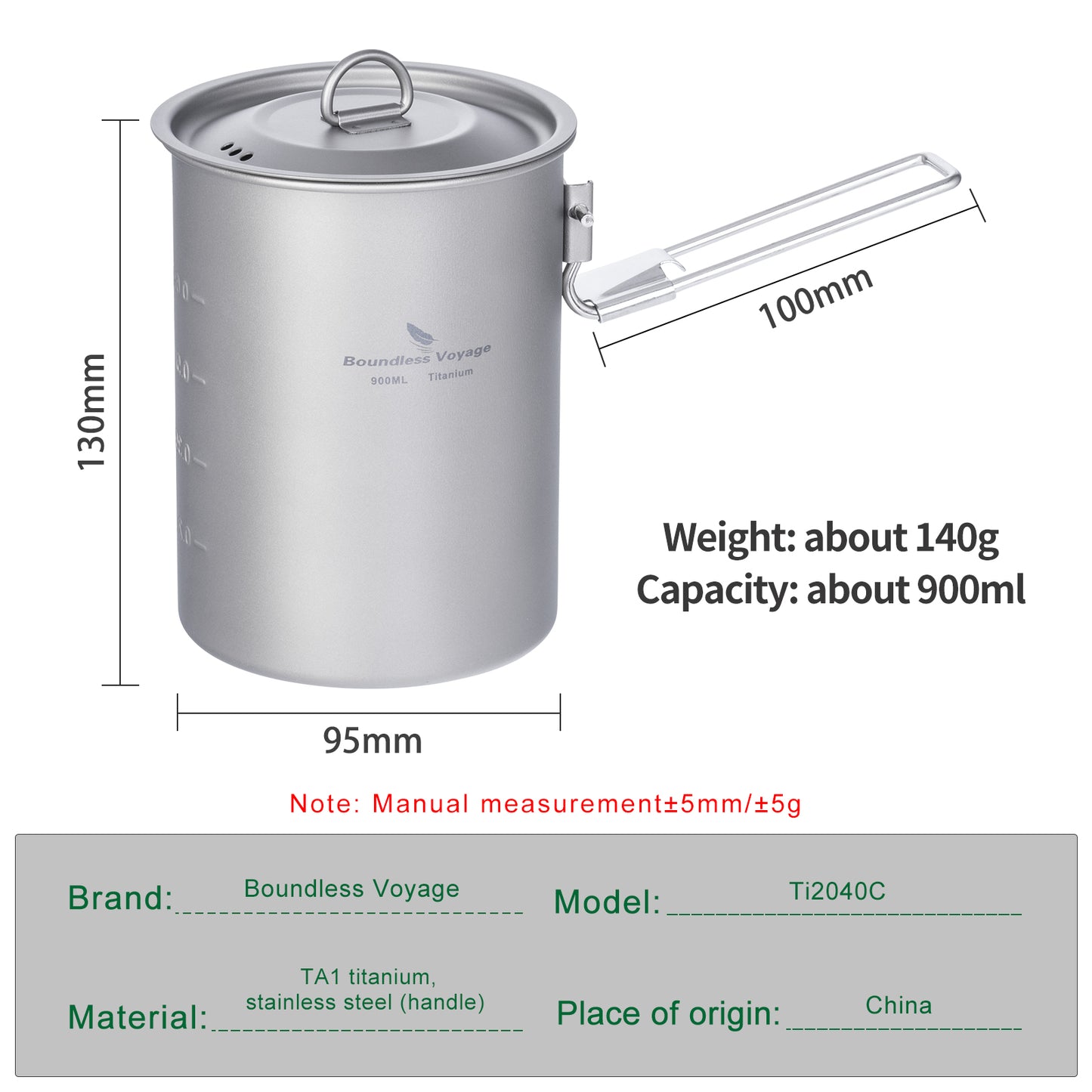 Boundless Voyage Outdoor Camping Titanium Pot Bowl Cup with Lid Folding Handle Hiking Picnic Water Rice Food 900ml