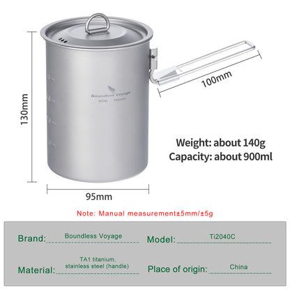 Boundless Voyage Outdoor Camping Titanium Pot Bowl Cup with Lid Folding Handle Hiking Picnic Water Rice Food 900ml