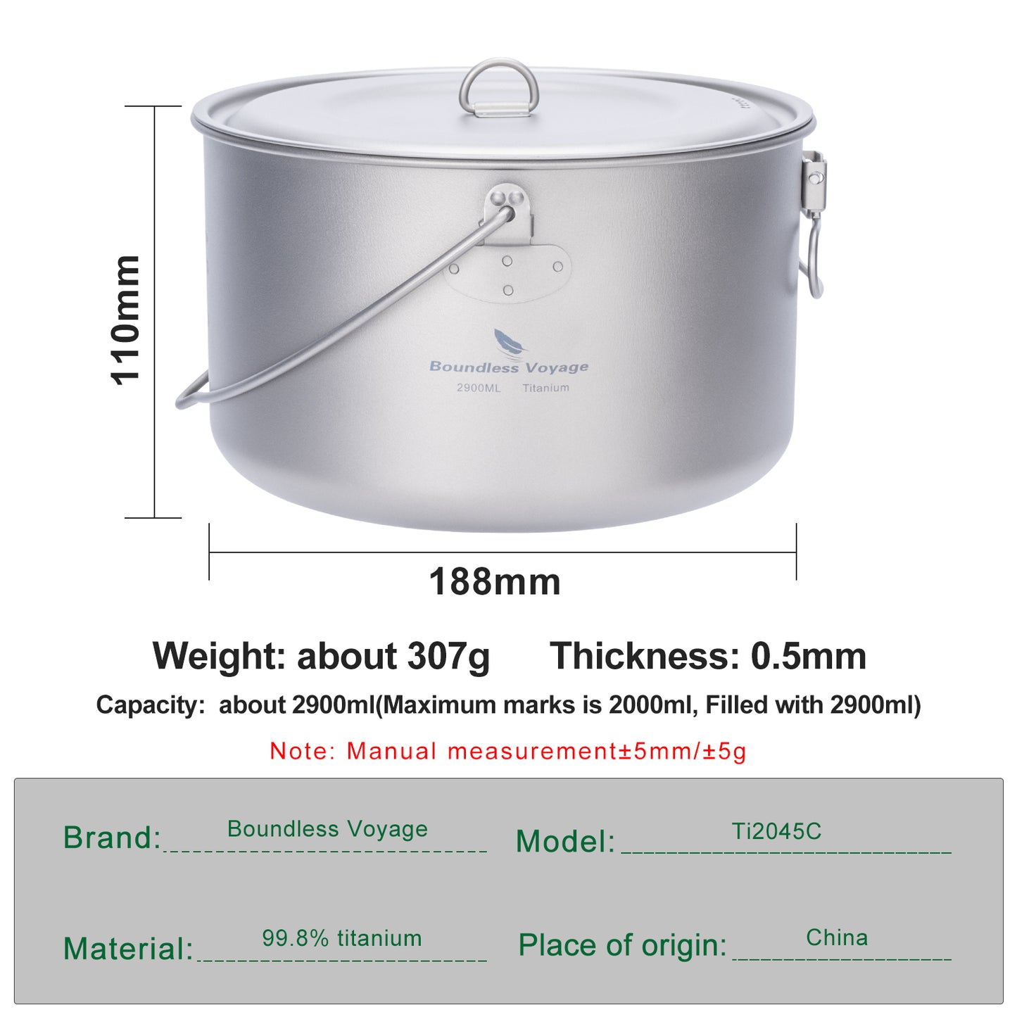 Boundless Voyage 2900ml TA1 Titanium Hanging Pot – Ultralight Large-Capacity Cooking Pot for Camping, Backpacking & Outdoor Bushcraft