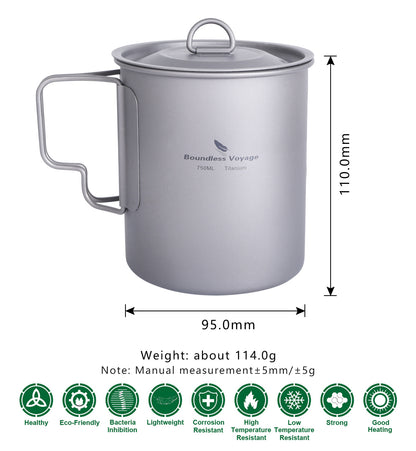 Titanium 750ml Hanging Cup Mug with Folding Handle Outdoor Camping Hiking Picnic Cooking Pot Ultralight Portable