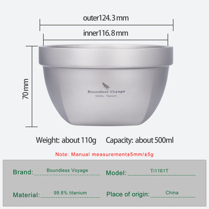 Boundless Voyage 500ml Double Walled Titanium Bowl Oatmeal Food Rice Soup Bowl Ultralight Portable Tableware Outdoor Camping Metal Bowl