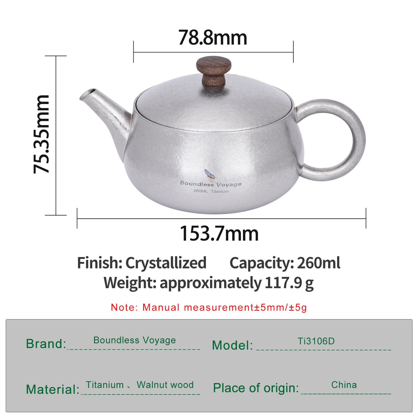 260ml Titanium Teapot with Filter Durable Chinese Kung Fu Tea Set for Adults Lightweight Travel Portable Tea Pot with Wide Spout for Loose Leaf