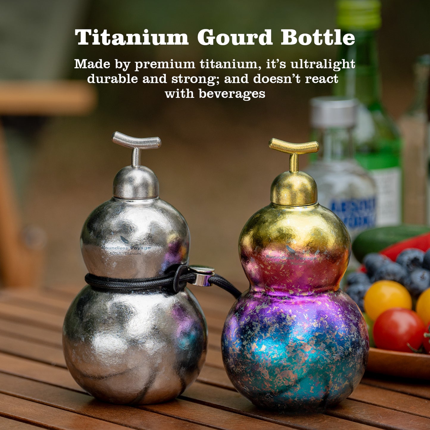 Boundless Voyage Premium Titanium Gourd Flask  | 500ml Crystallized Ice-Texture Canteen | Ultralight & Rustproof Alcohol Drinkware for Hiking & Camping