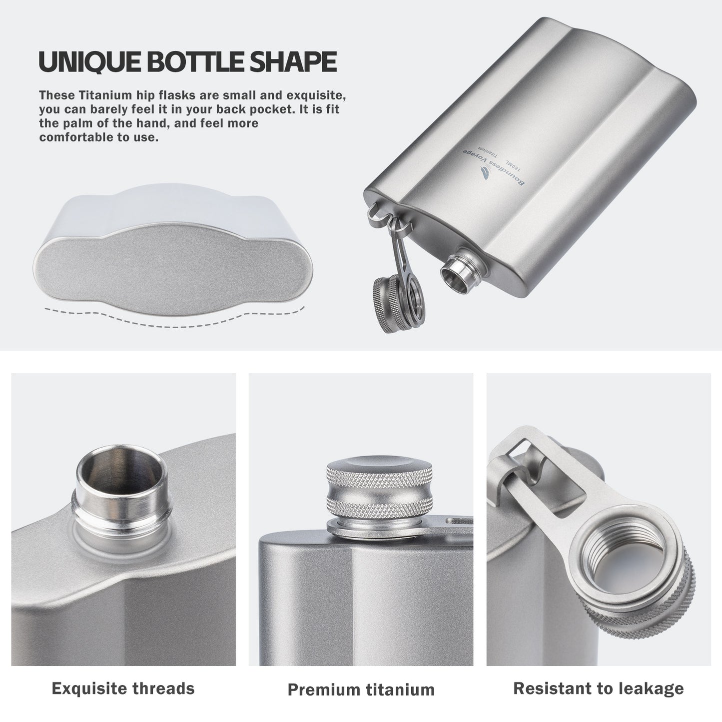 Boundless Voyage 180ml Titanium Hip Flask | Ultralight 6oz Pocket Whiskey Bottle | Leakproof & BPA-Free Liquor Flask for Camping, Hiking, Travel & Groomsmen Gifts