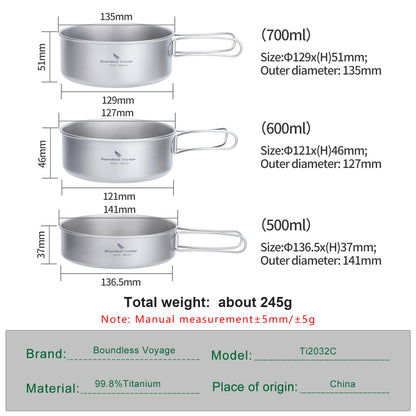 Boundless Voyage Titanium Pot Pan Set with Collapsible Folding Handle Ultralight Tableware Outdoor Dinnerware Set 3pcs