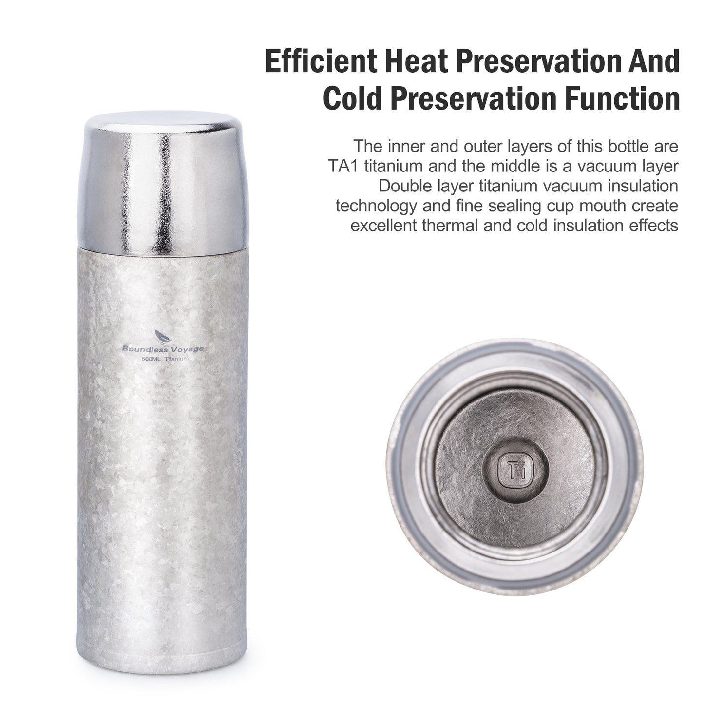 Boundless Voyage 500ml Titanium Vacuum Insulated Water Bottle | 17oz Ultralight Double-Walled Thermal Flask | Leakproof, Non-Toxic & BPA-Free Coffee Thermos for Hiking & Travel