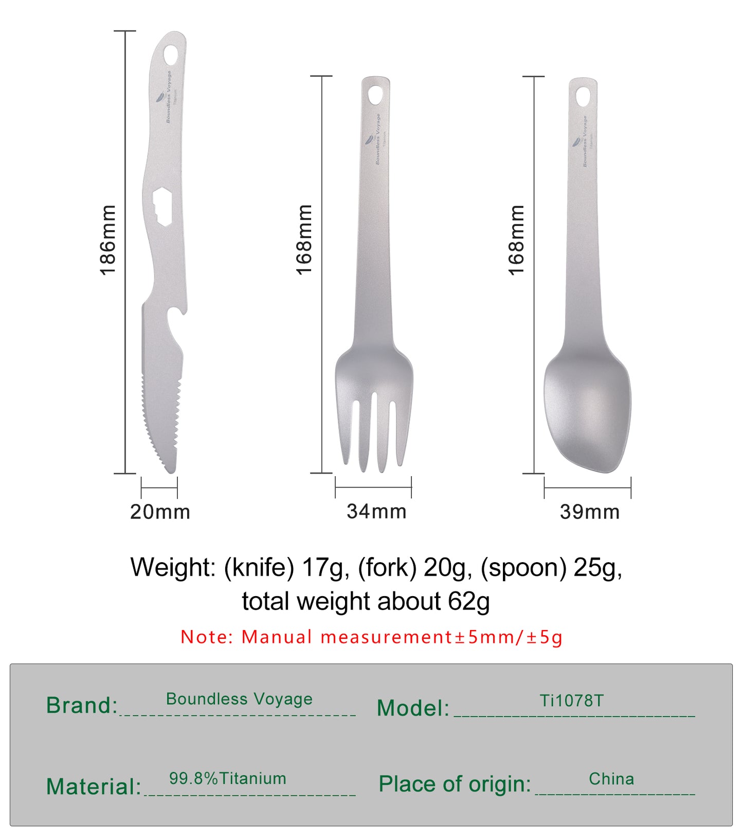 Boundless Voyage Titanium Cutlery Set | Ultralight Fork, Knife & Spoon | Portable & Healthy Dining for Camping & Travel