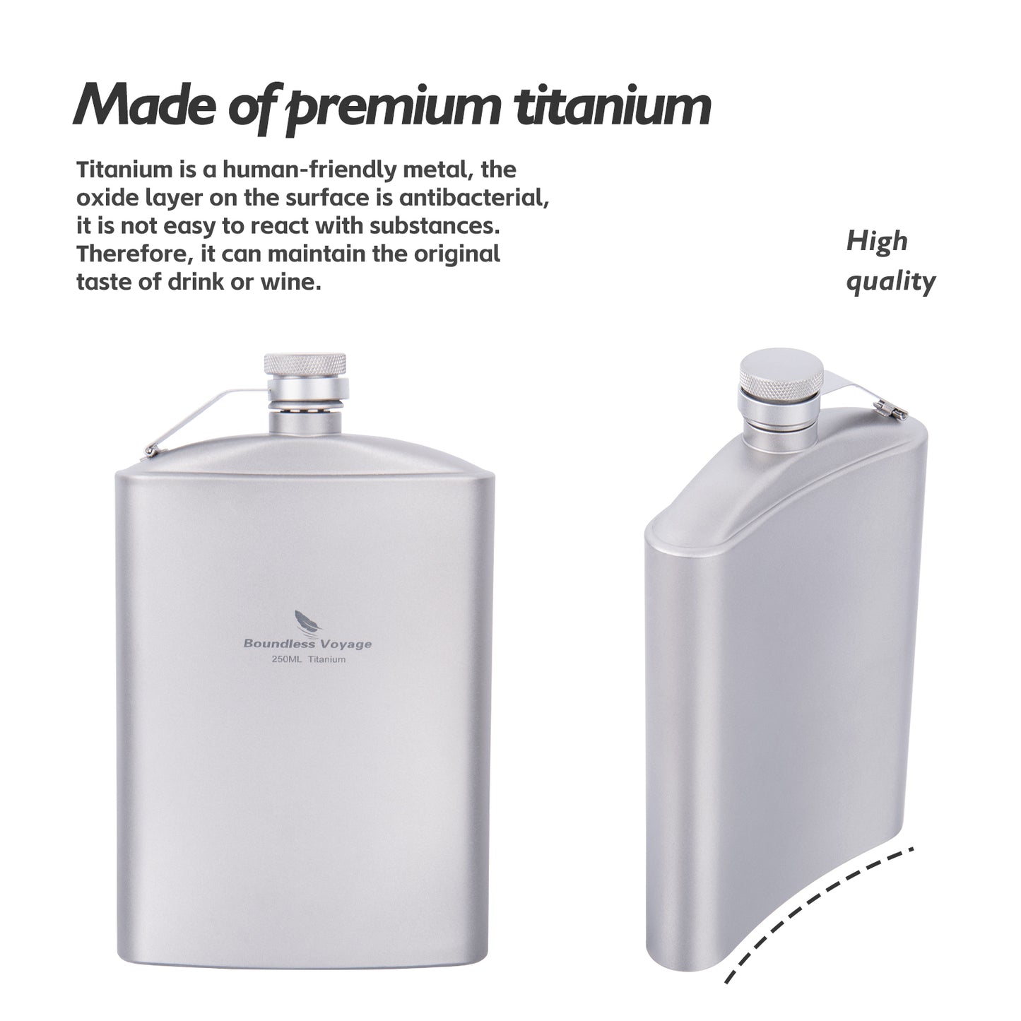 Boundless Voyage Titanium Flask 250ml with Cup & Funnel | Ultralight Pure Titanium Hip Flask for Camping Hiking Travel