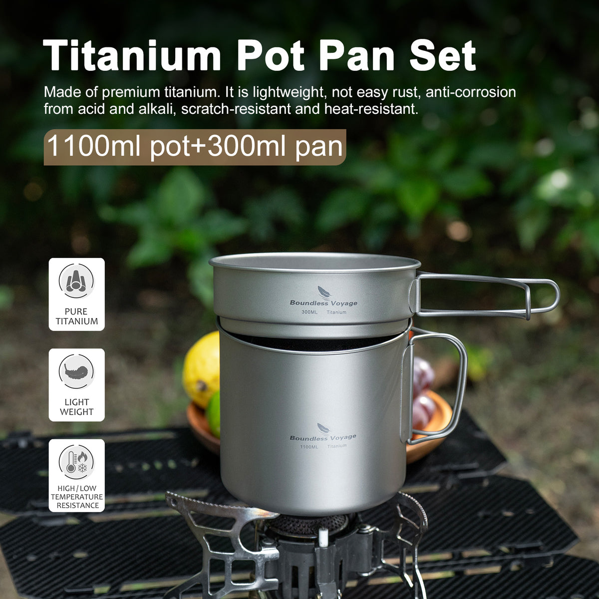 Boundless Voyage Titanium Pot & Pan Set with Folding Handles – Ultralight Camping Cookware Mess Kit for Hiking, Picnic & Outdoor Tableware