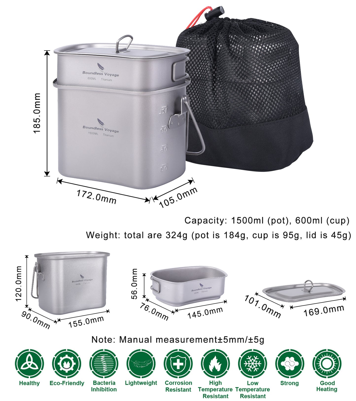 Boundless Voyage Titanium Hanging Pot & Cup Set – Ultralight Campfire Cooking Kit with Lid, TA1 Titanium Camping Cookware for Backpacking, Hiking & Outdoor Use