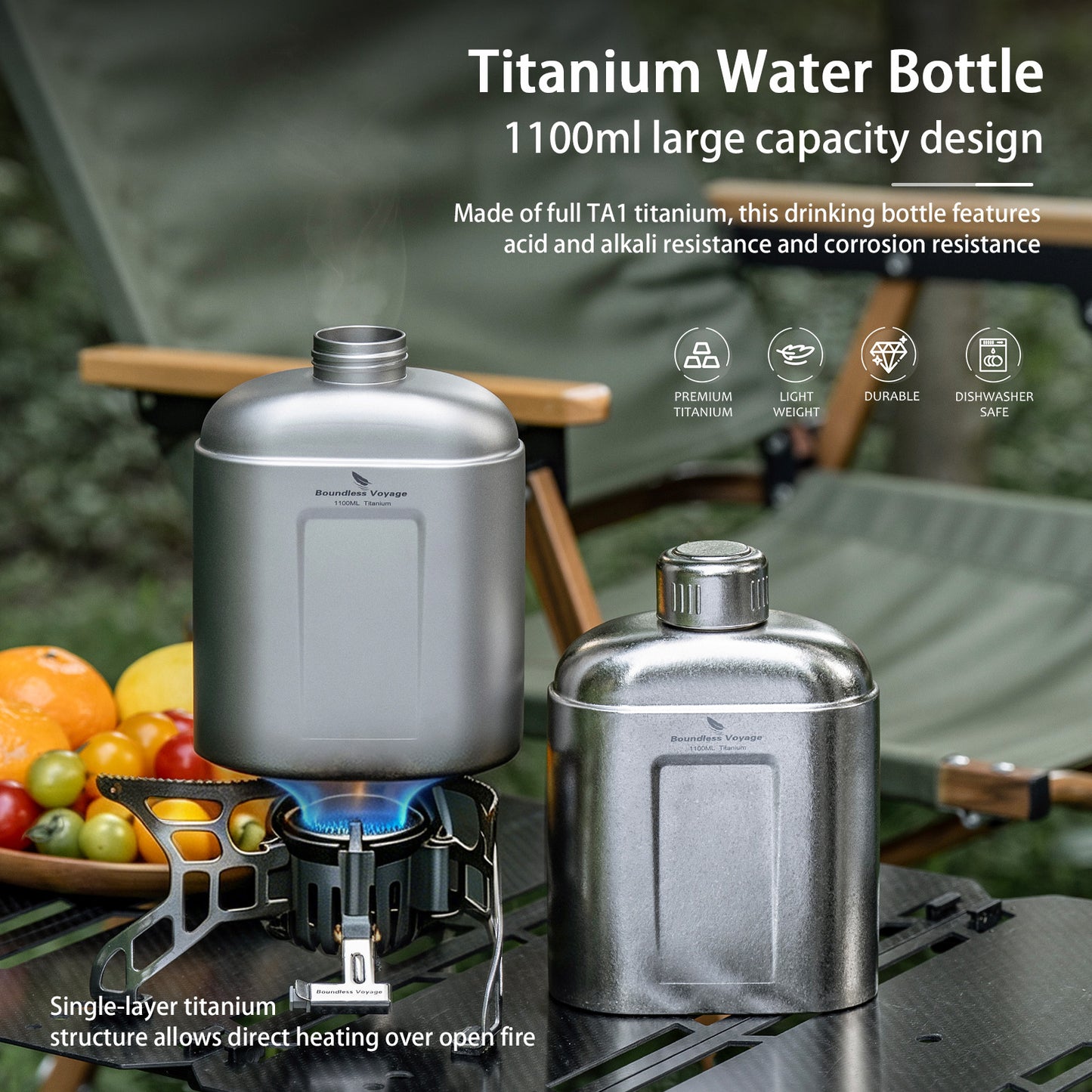 Boundless Voyage 1100ml TA1 Titanium Water Bottle – Single Wall Open-Fire Canteen with Leakproof Lid & Carry Sleeve for Camping & Outdoor Survival