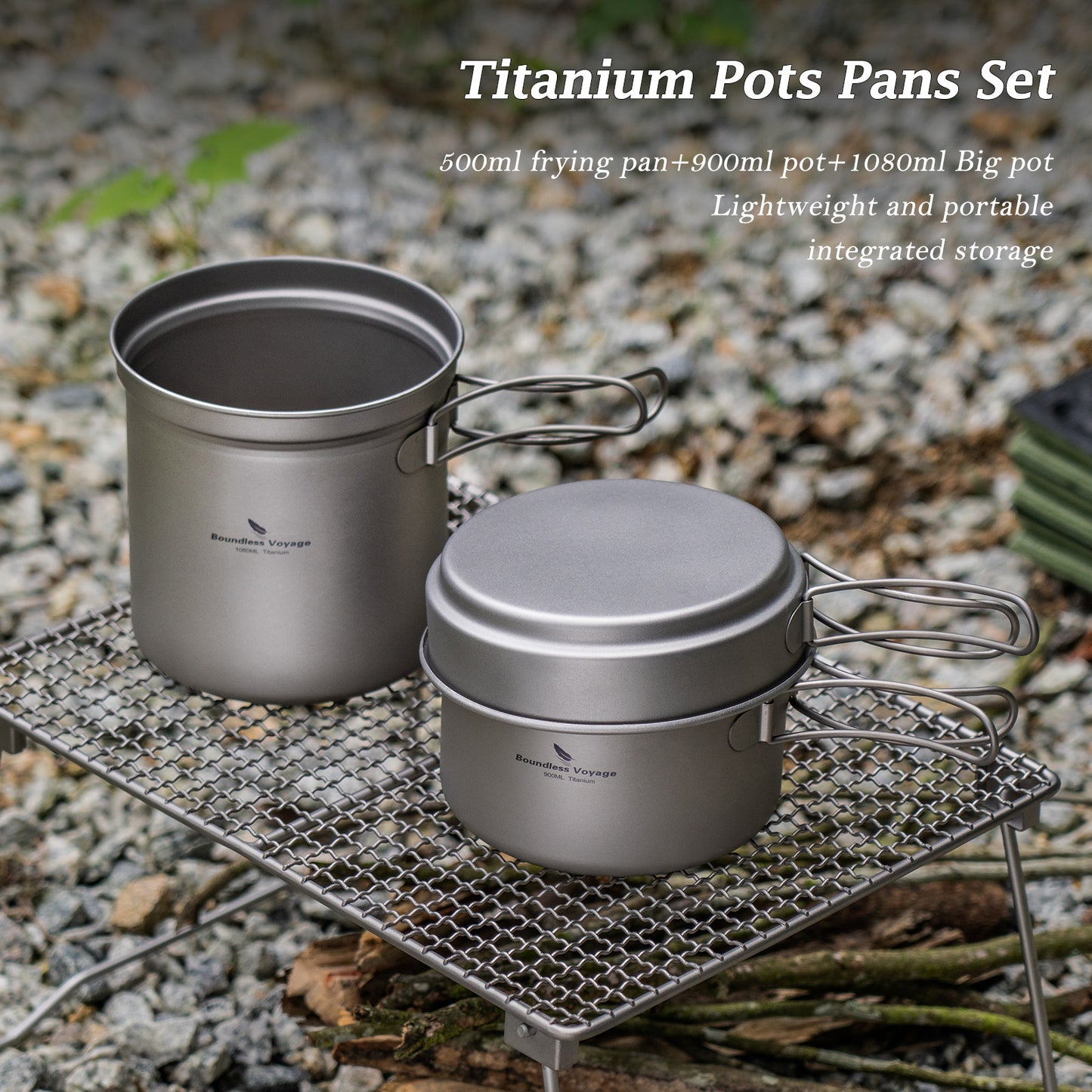 Boundless Voyage Titanium Cookware Set – Ultralight Camping Pot & Frying Pan 500ml + 1080ml, Nesting TA1 Titanium Cooking Set for Backpacking, Hiking & Outdoor Cooking