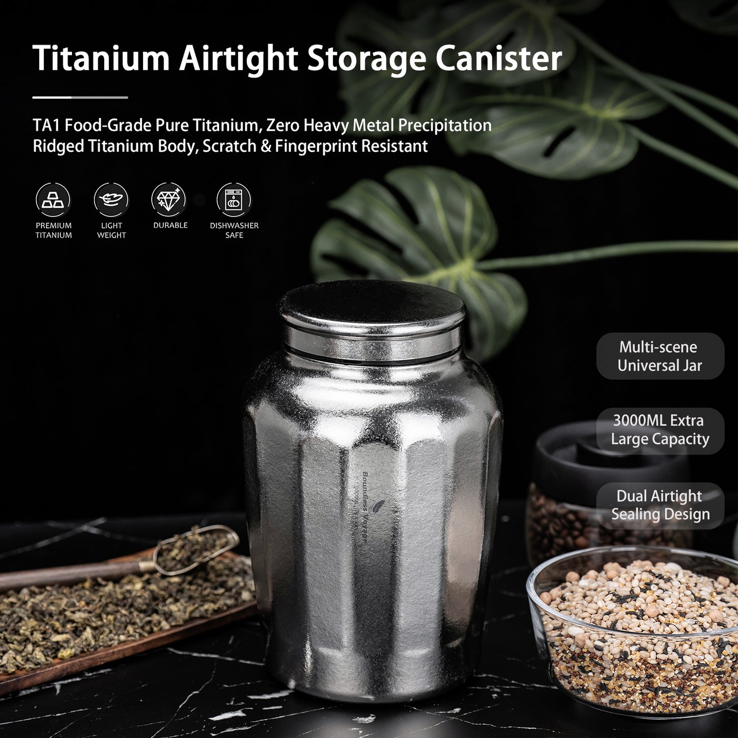 Boundless Voyage 3000ml Titanium Storage Canister Water Bottle– Airtight TA1 Titanium Container for Tea, Coffee, Food & Camping Storage