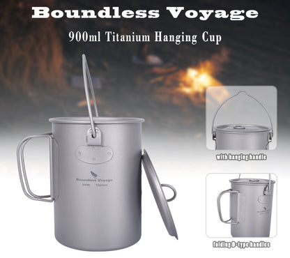 Boundless Voyage Titanium 900ml Camping Mug Pot – Ultralight Hanging Cup with Folding Handle for Hiking, Backpacking, Outdoor Cooking