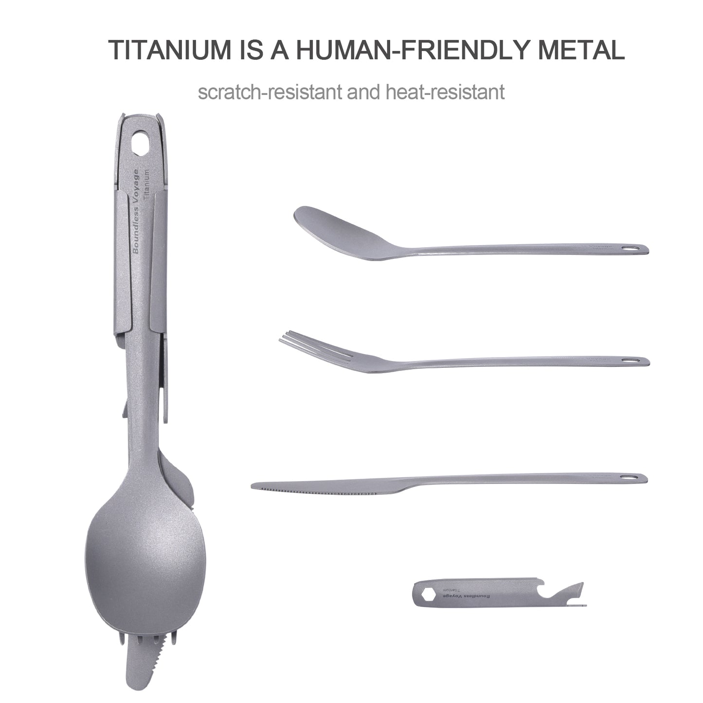 Boundless Voyage TA1 Titanium 4-in-1 Ultralight Cutlery Set – Compact Fork, Spoon, Knife & Bottle Opener for Home, Camping & Outdoor Travel