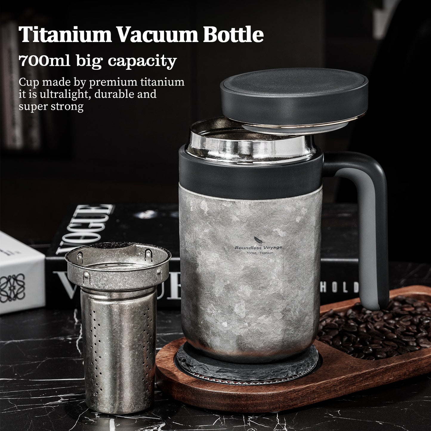 Boundless Voyage 700ml Titanium Double-Walled Cup Insulated Water Cup with Lid & Filter Portable Reusable Travel Coffee Mug for Hot and Cold Beverages