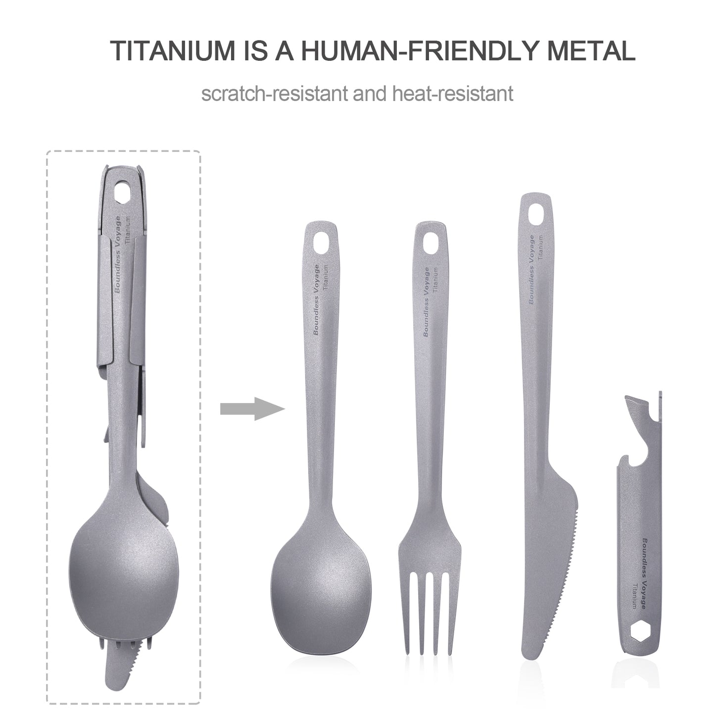 Boundless Voyage TA1 Titanium 4-in-1 Ultralight Cutlery Set – Compact Fork, Spoon, Knife & Bottle Opener for Home, Camping & Outdoor Travel