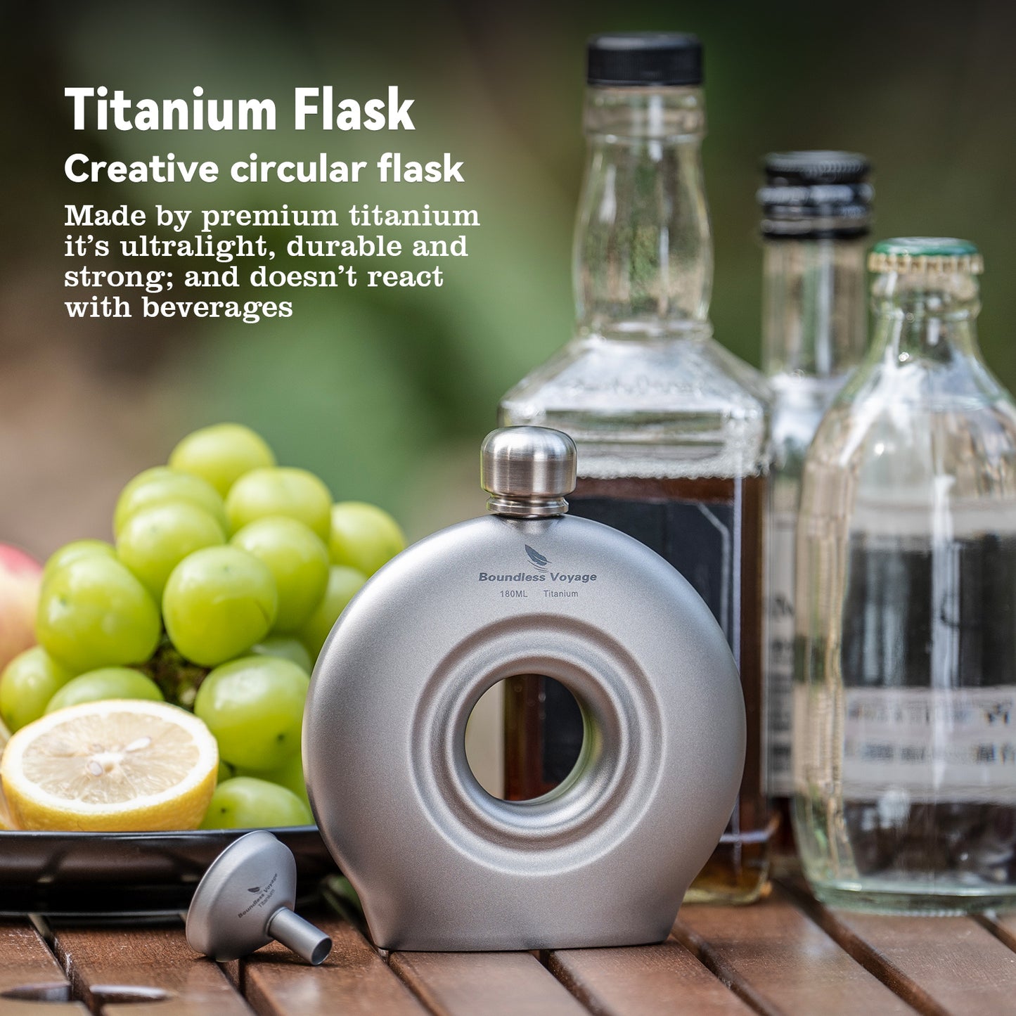 Boundless Voyage Titanium Titanium Flask 180ML+funnel for Camping Home Whiskey Flask