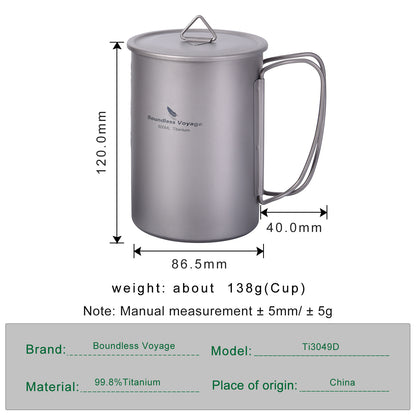Boundless Voyage Titanium Cup with Flat Lid Lightweight Portable Tea Coffee Wine Dinnerware for Backpacking Hiking Camping Picnic