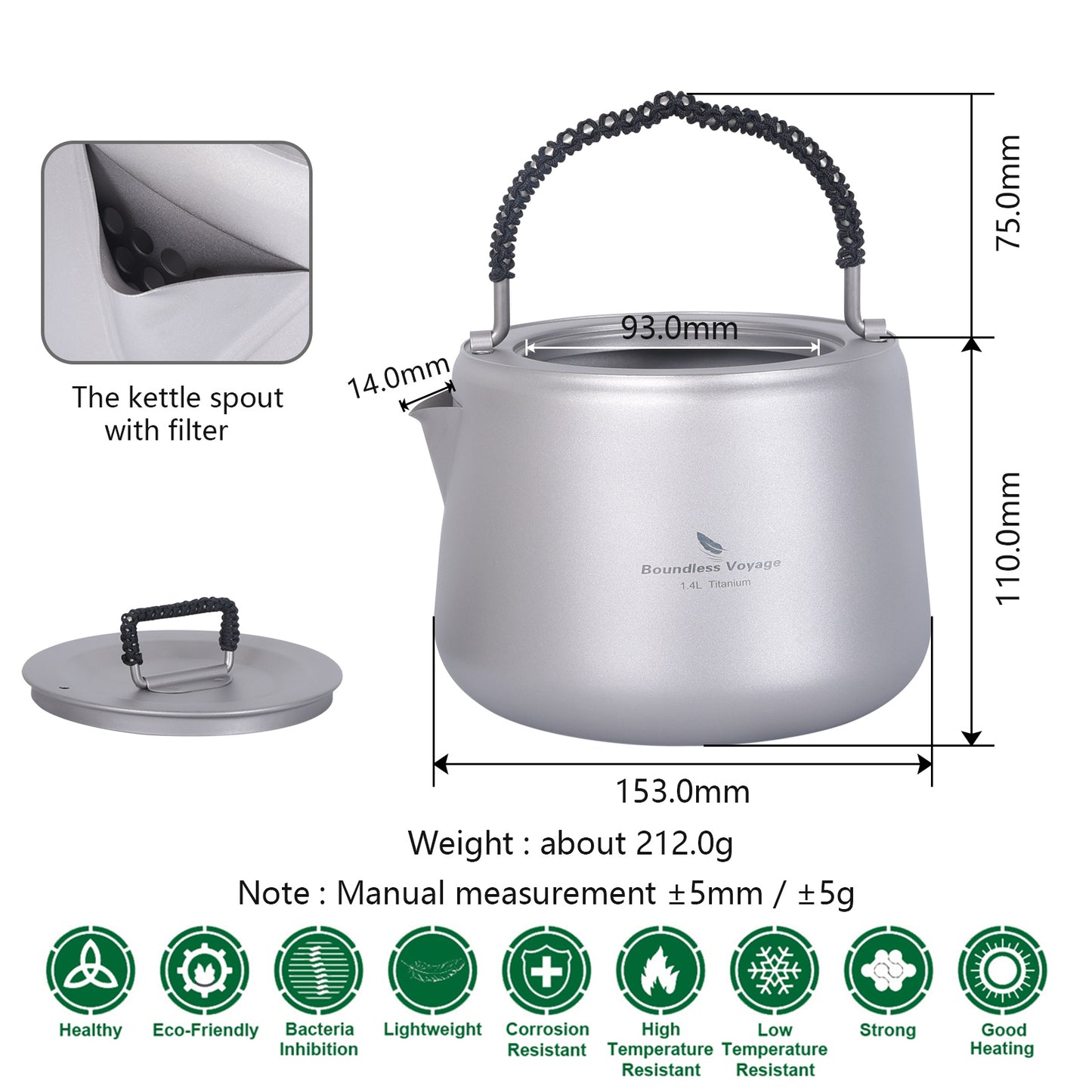 Boundless Voyage 1.4L Ultralight Titanium Kettle with Filter | Anti-Scald Handle & Lid | Perfect for Camping, Hiking, Tea & Coffee