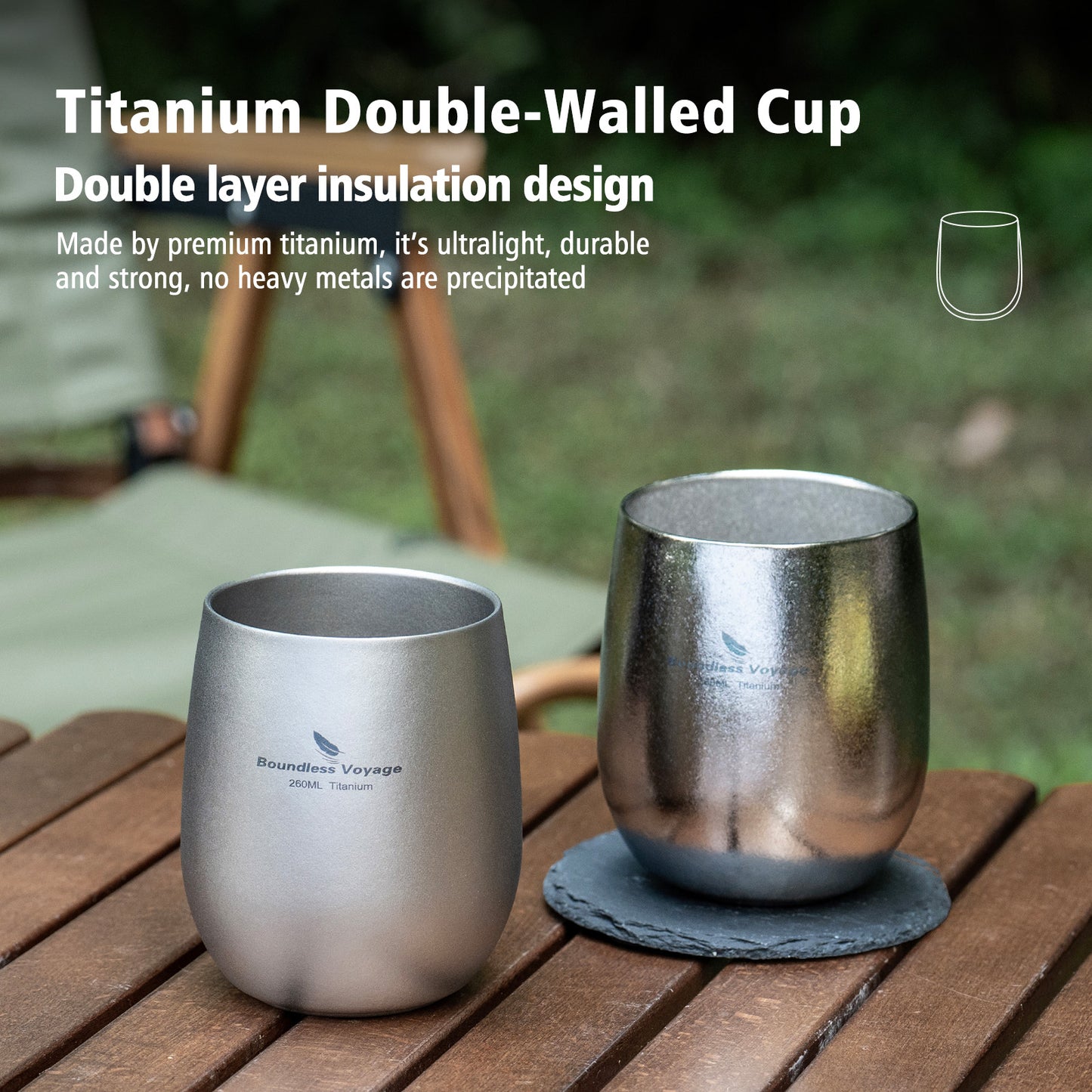 Boundless Voyage Titanium Double-Wall Cup – Ultralight TA1 Camping Coffee Mug for Travel, Hiking & Outdoor Use
