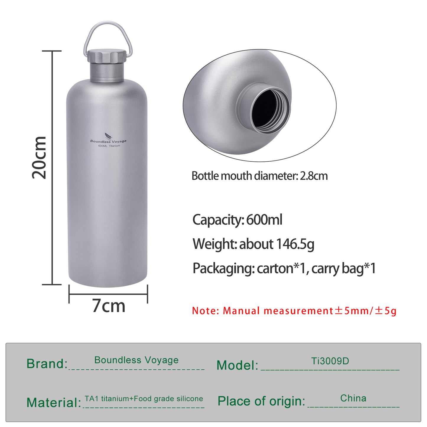 Boundless Voyage 600ml Titanium Bottle – Lightweight, Leak-Proof & Rust-Free for Camping, Hiking & Daily Hydration