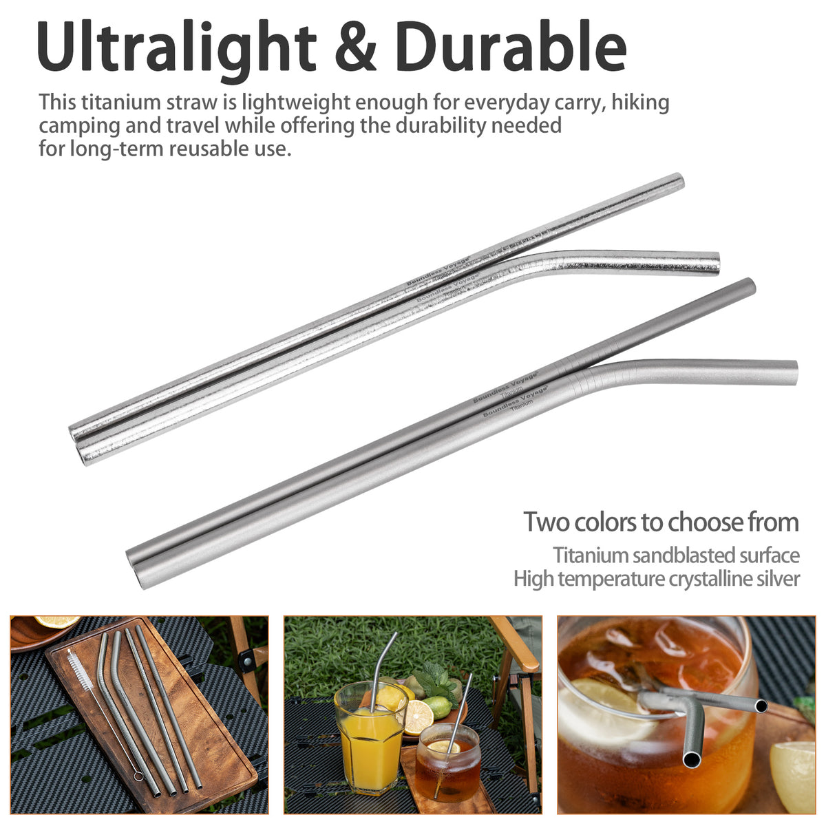 Boundless Voyage Titanium Straw 215mm – TA1 Pure Titanium Reusable Straight Straw with Cleaning Brush & Carry Bag