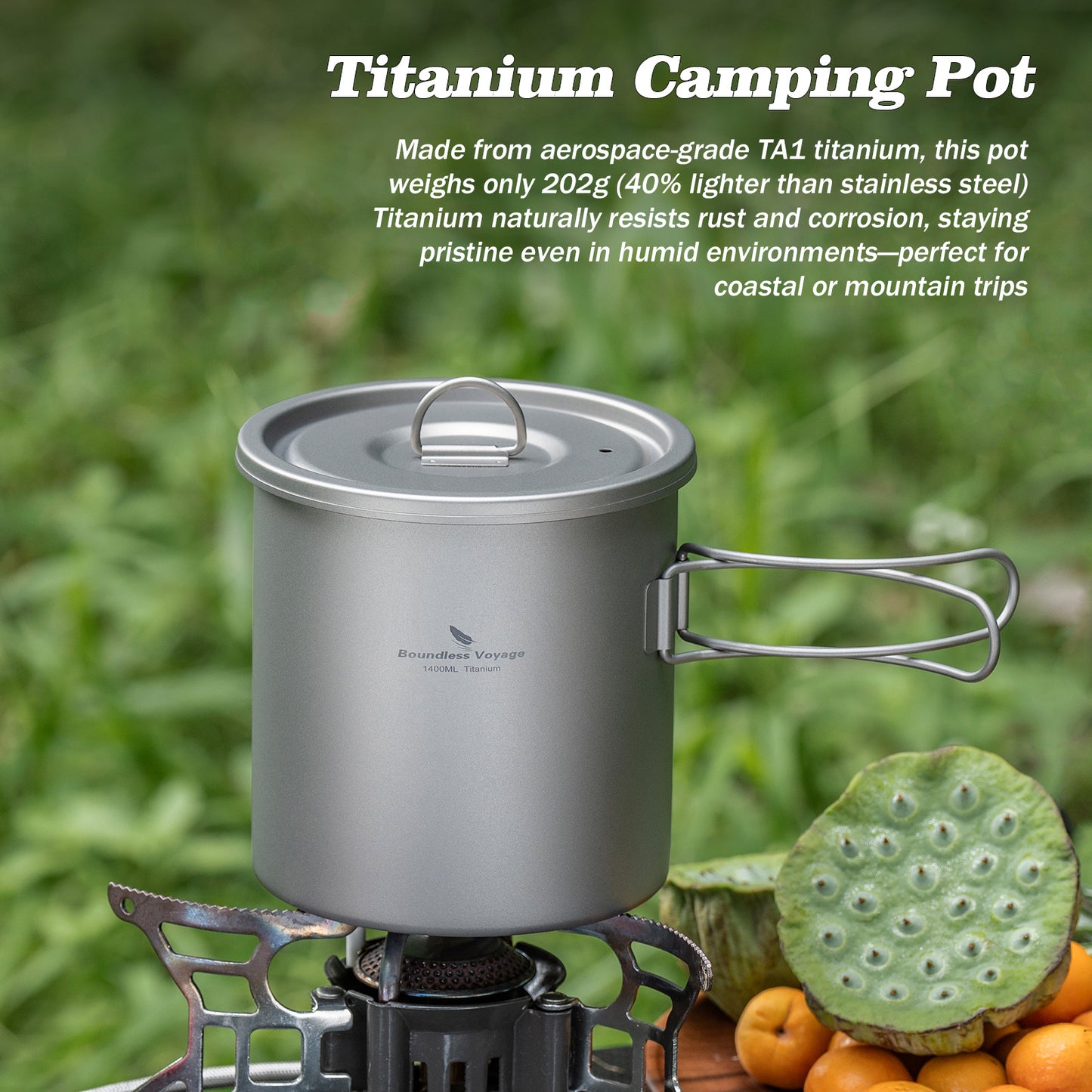 Boundless Voyage Titanium Camping Pot 1400ml Ultralight Backpacking Cookware with Folding Handle & Lid for Backpackers, Hikers & Outdoor Enthusiasts