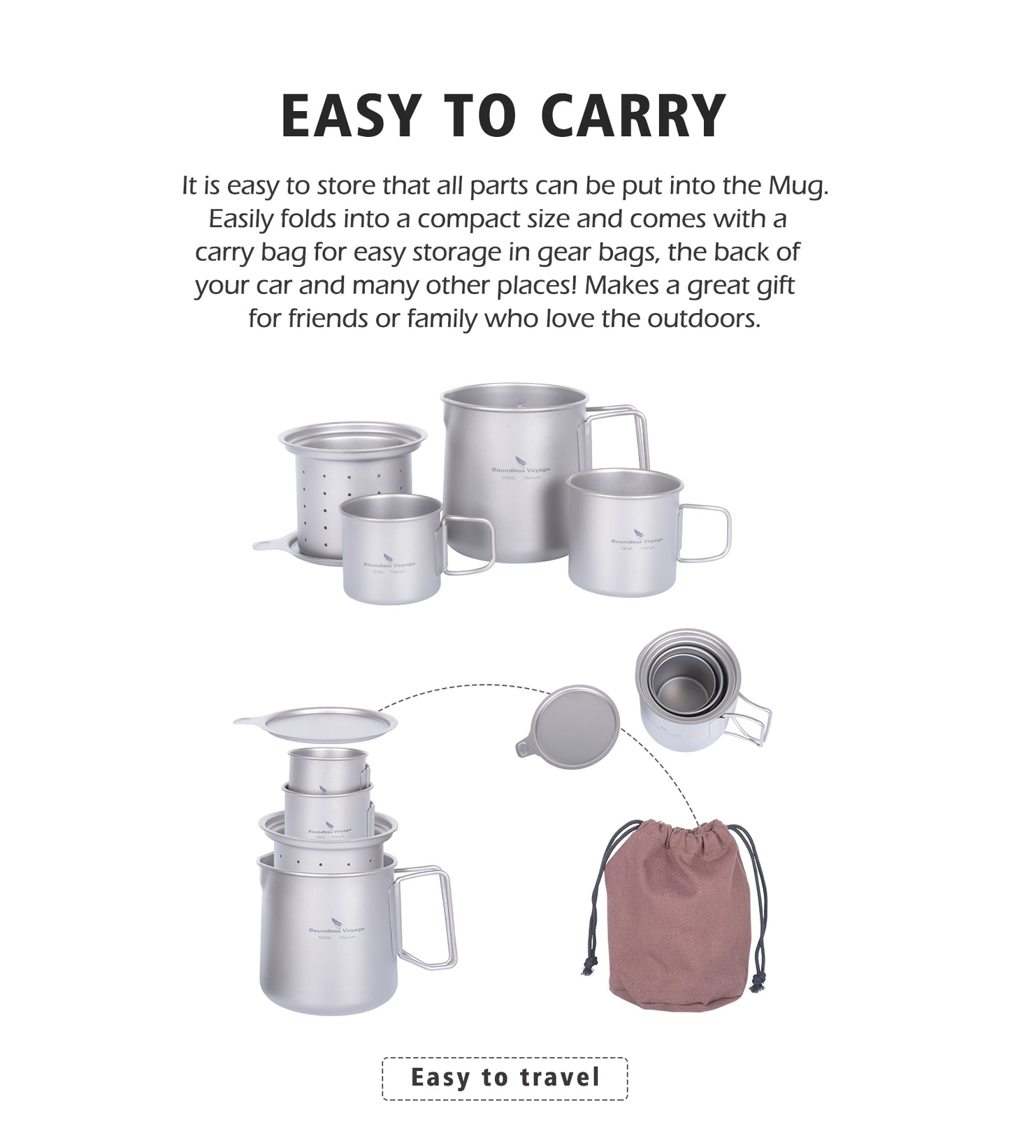 Boundless Voyage Titanium Pot, Camping Pot Titanium Cup Tianium Backpacking Pot with Partable Foldable Handles for Outdoor Camping Hiking Backpacking (500ml mugcup+small cups ×2)